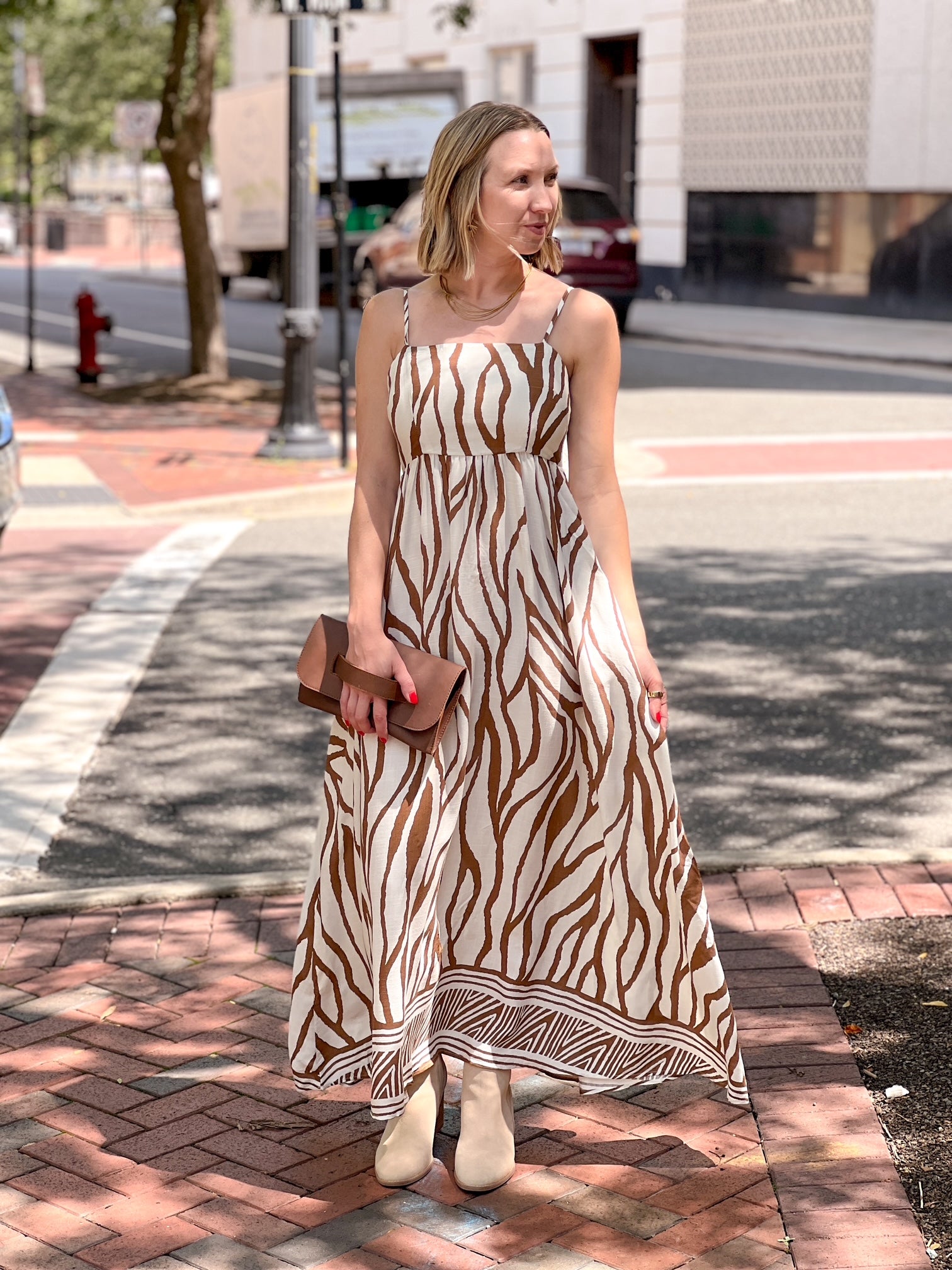 midi length cream dress with brown pattern