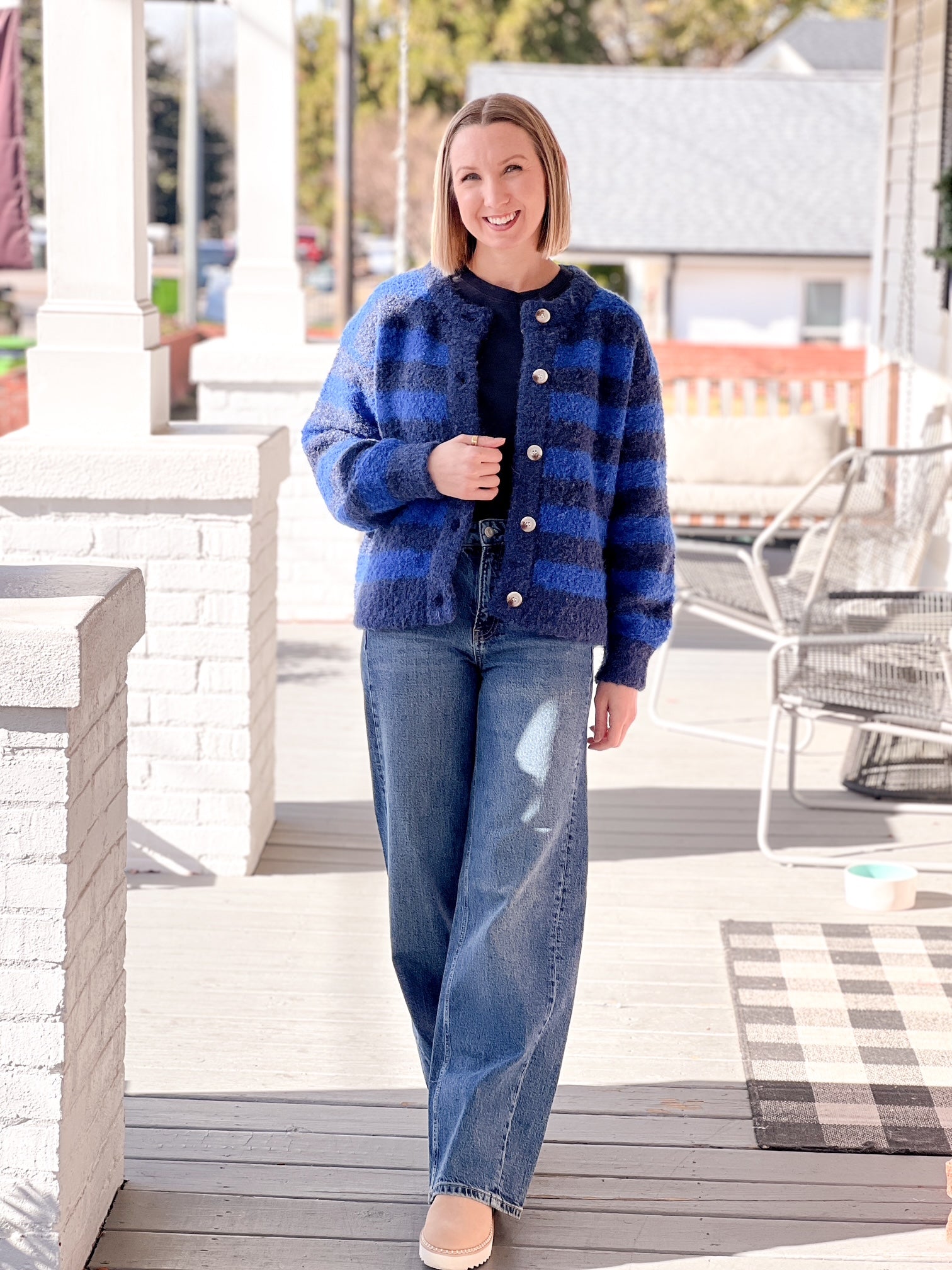 blue checkered cardigan