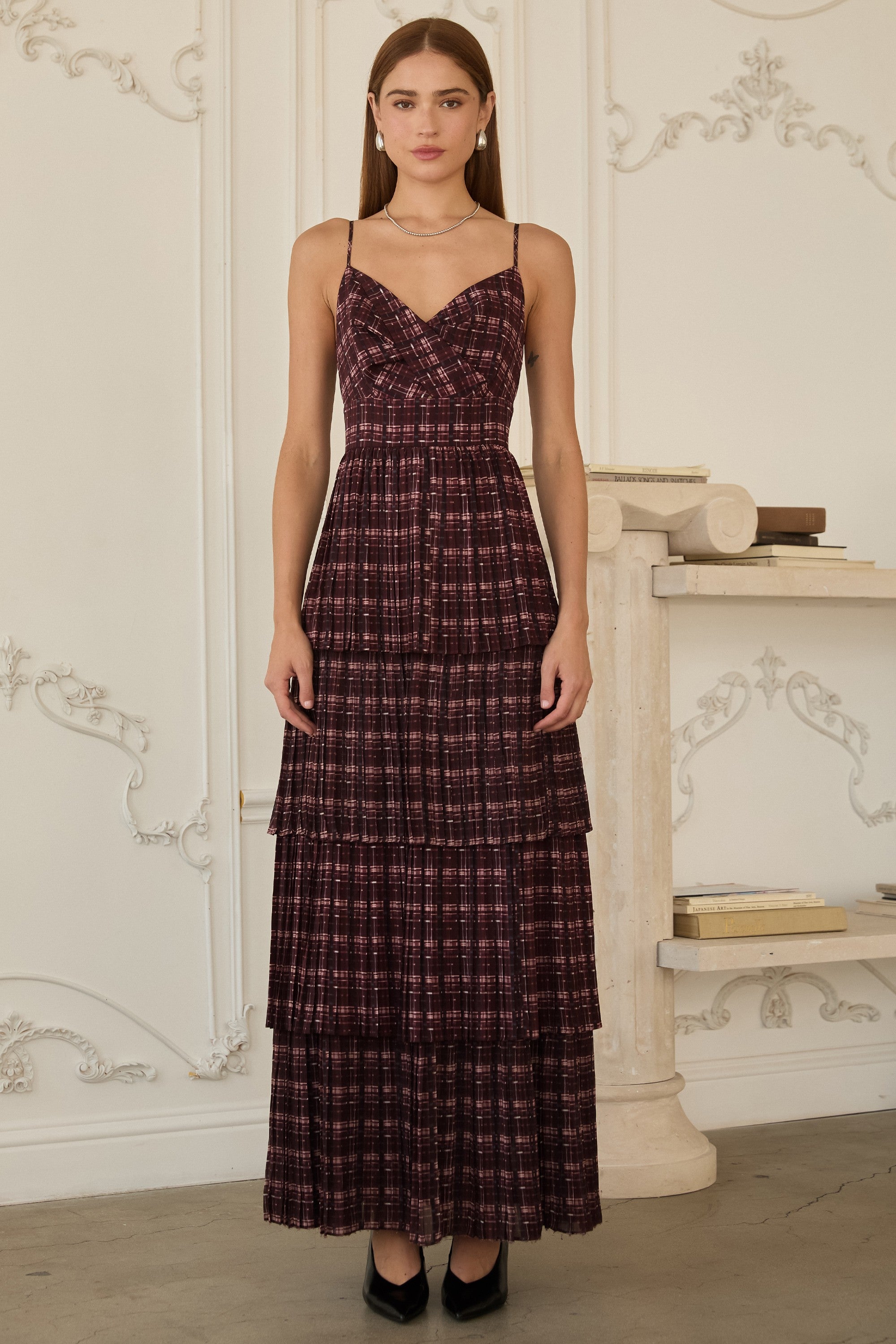 Burgundy Plaid Tiered Maxi Dress
