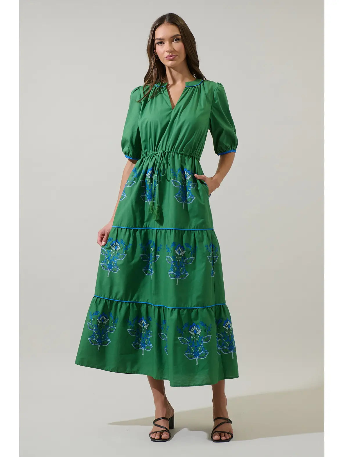 Green Midi Length Floral Print Dress