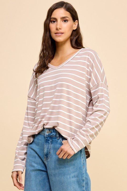 Taupe Stripe V-Neck Long Sleeve Top
