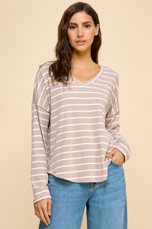 Taupe Stripe V-Neck Long Sleeve Top
