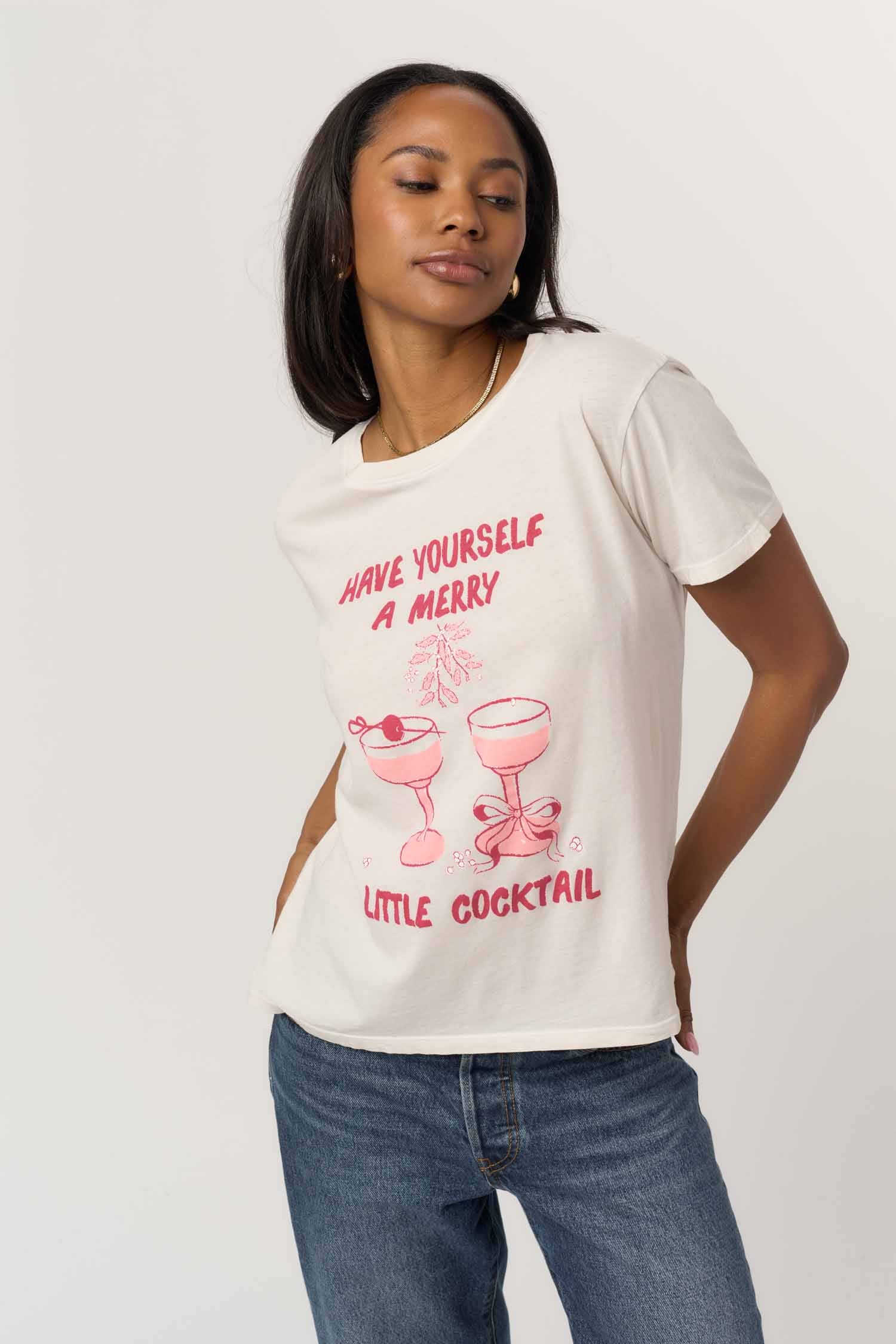 Vintage White Graphic Tee that says "Have Yourself a Merry Little Cocktail"