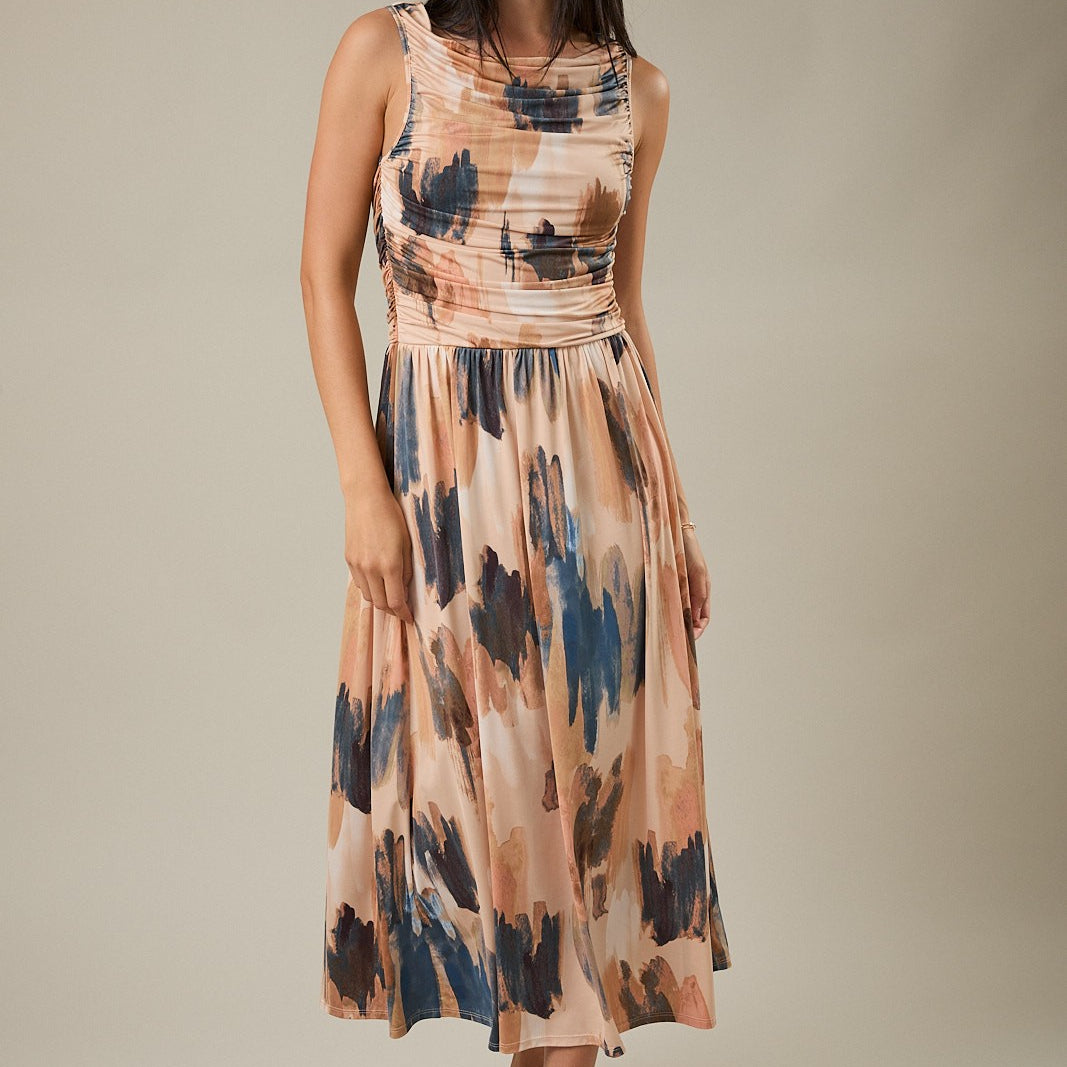 Blue/Taupe Abstract Sleeveless Midi Dress