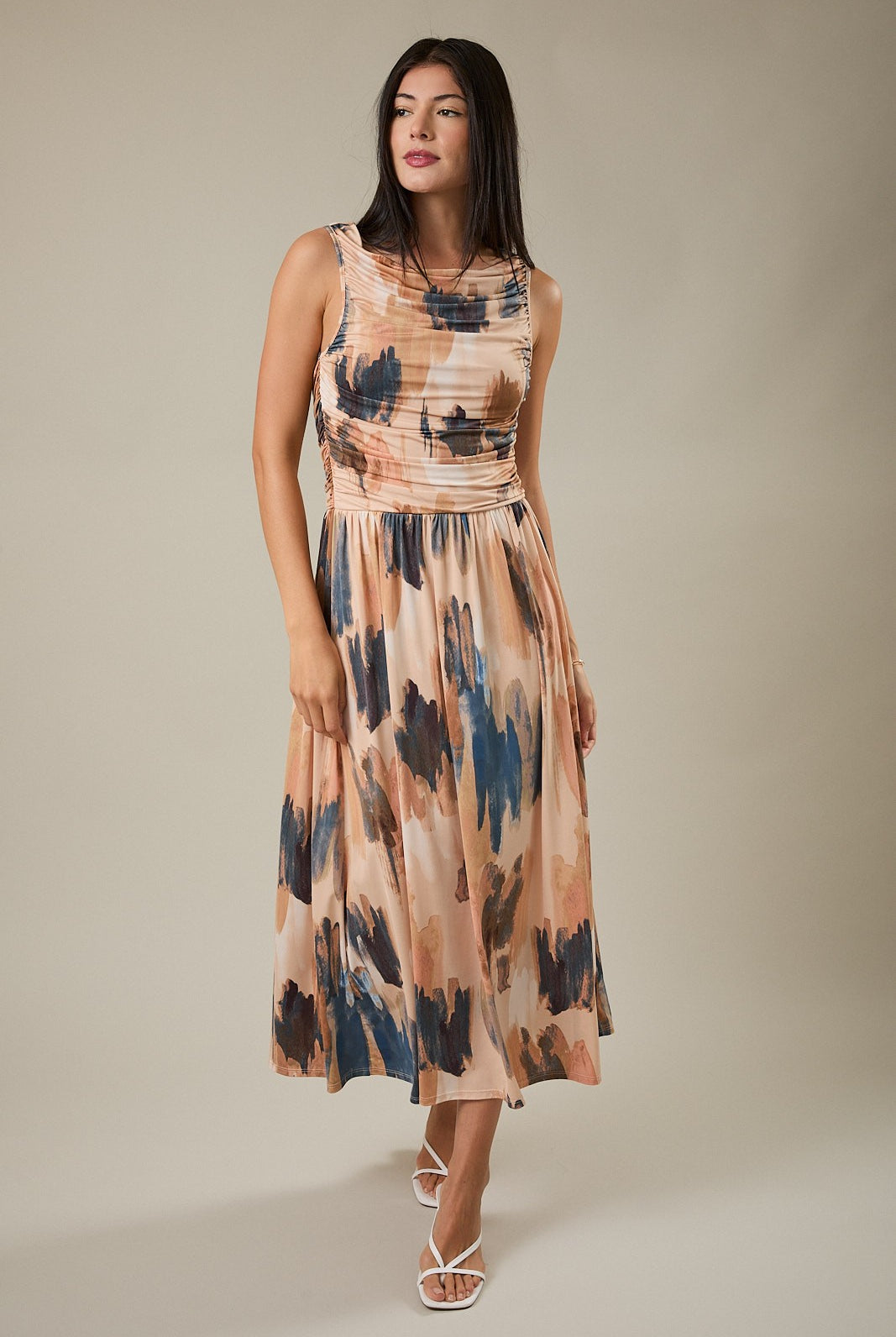 Blue/Taupe Abstract Sleeveless Midi Dress