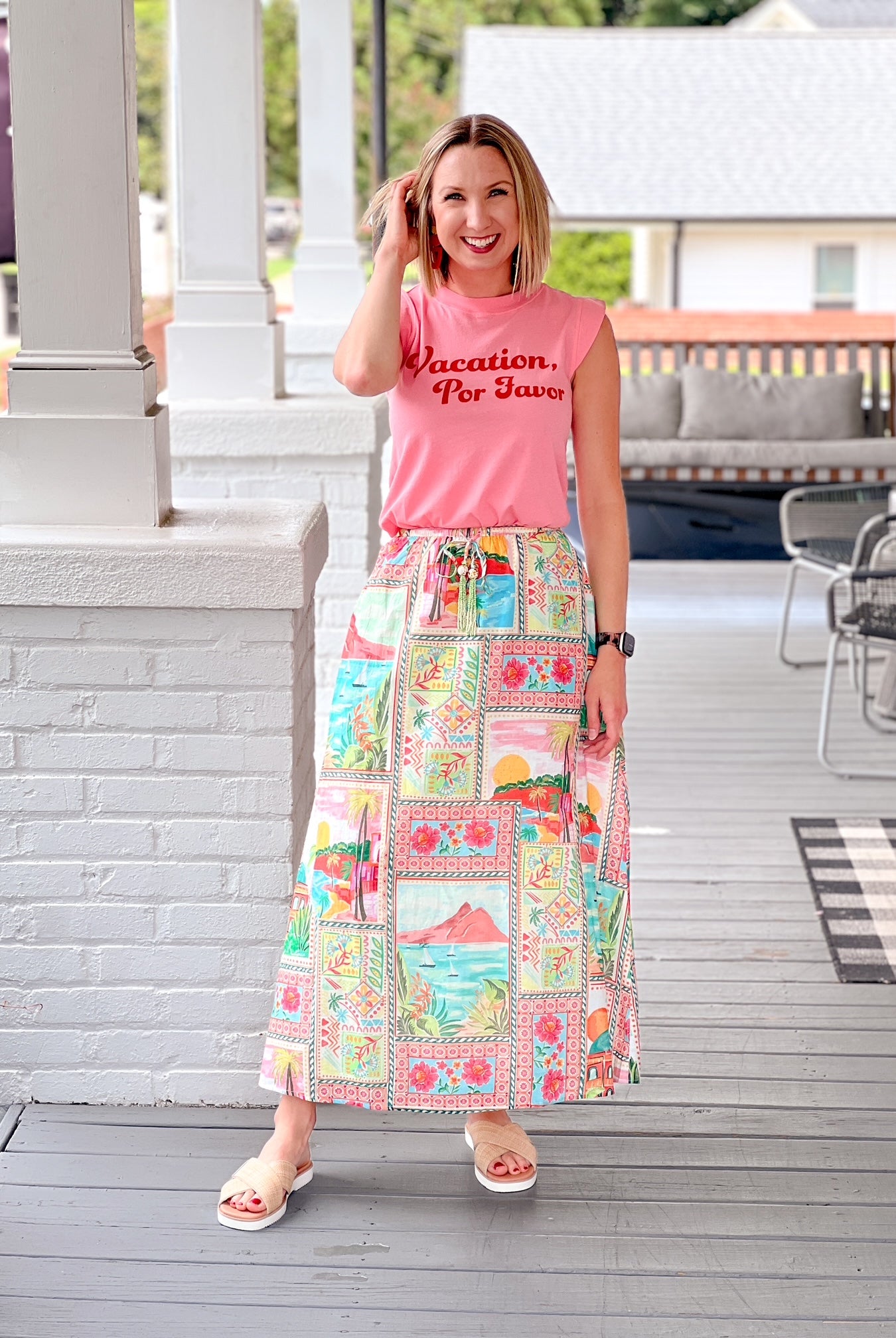midi length skirt vacation pattern pinks and greens