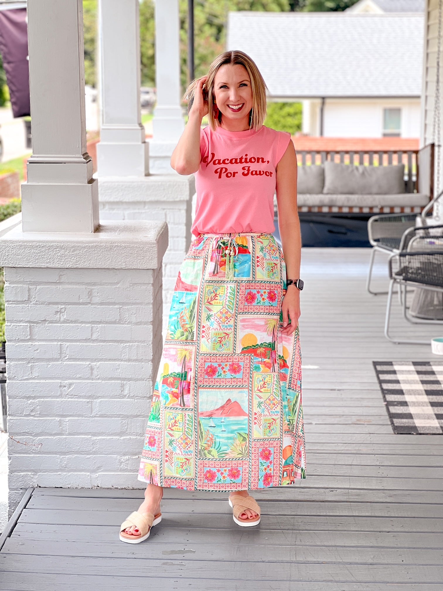 midi length skirt vacation pattern pinks and greens