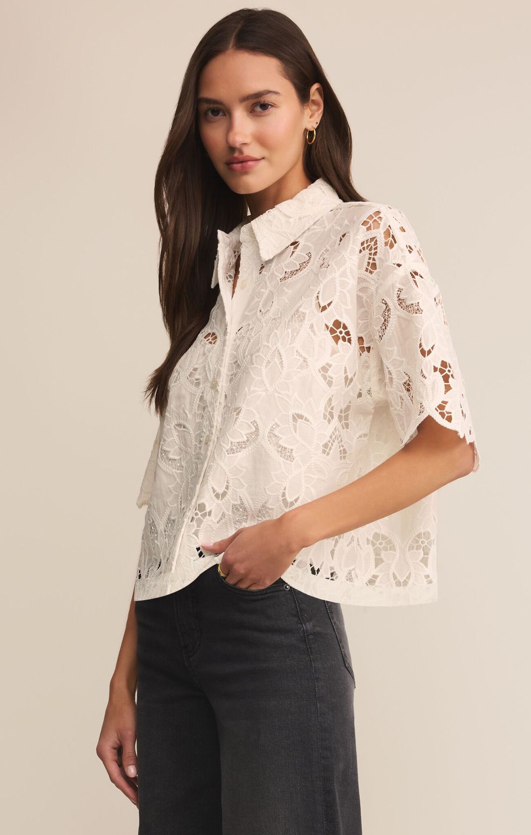 White Lace Embroidered Short Sleeve Top