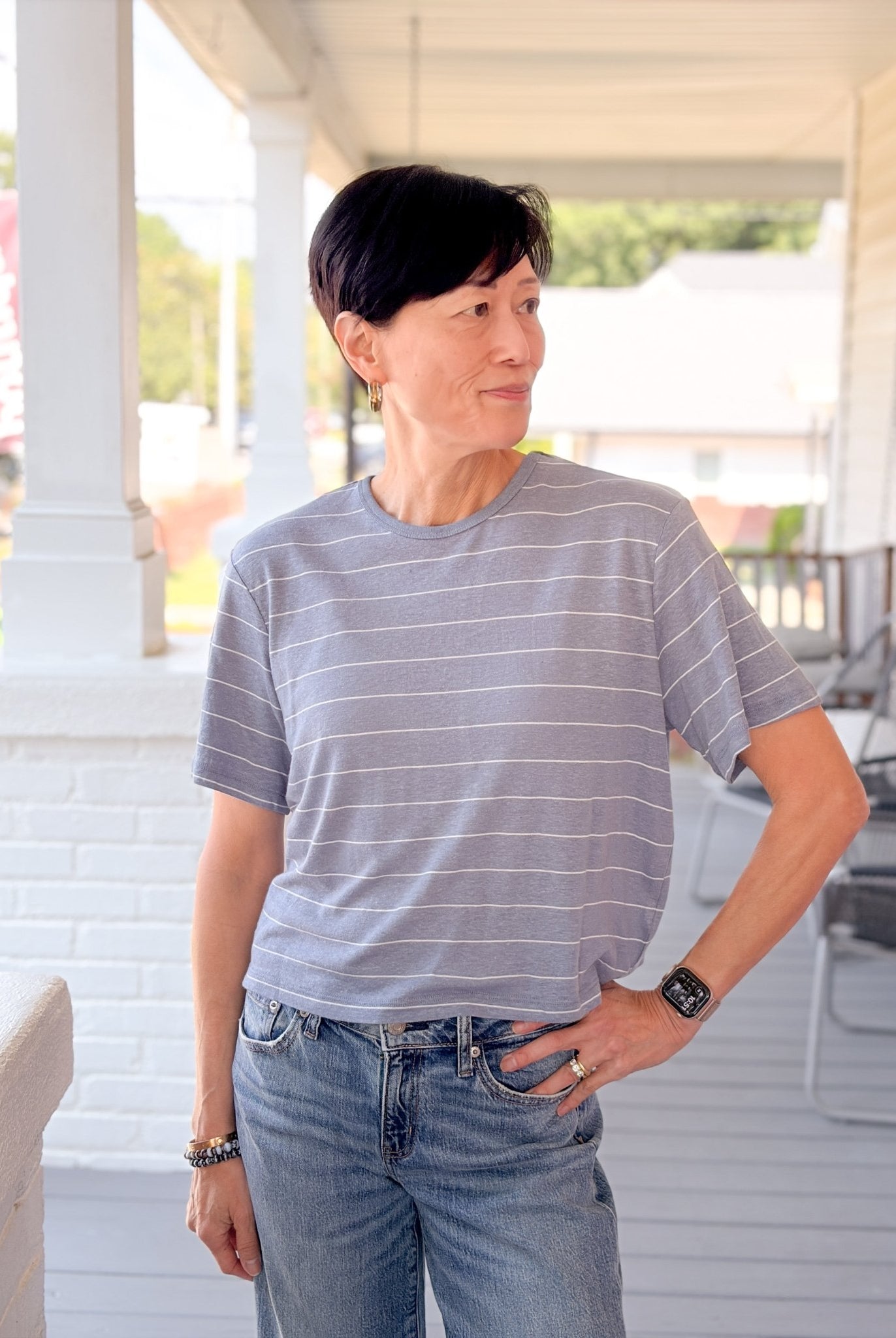 Rose & Lee Co Alexia Tee, Blue/White Stripe short sleeve