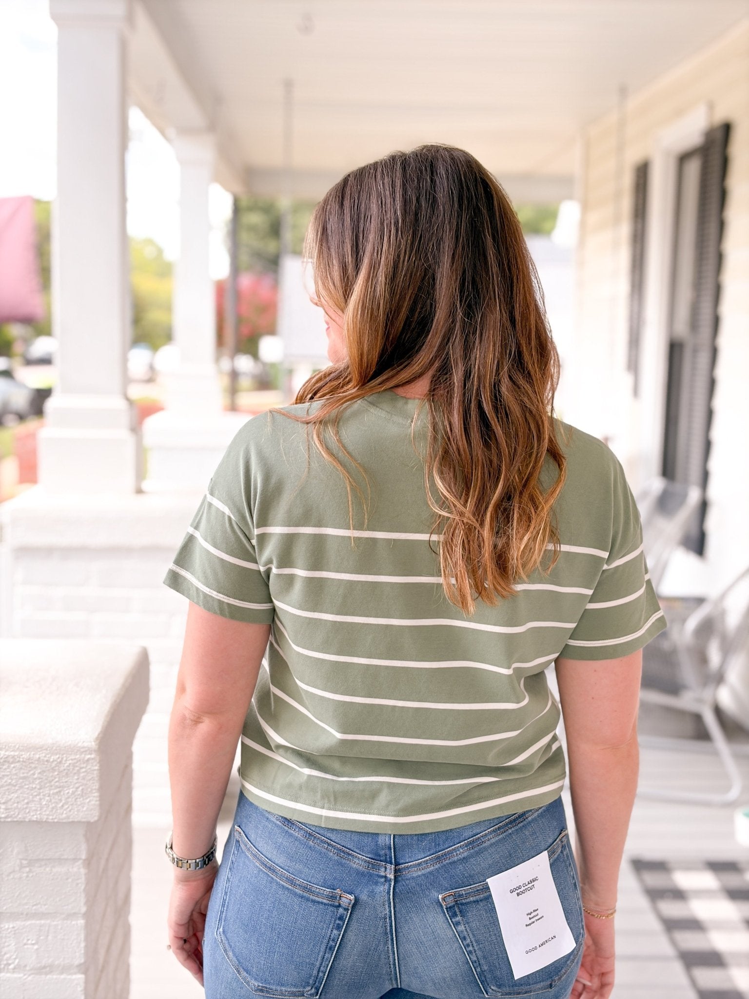 Rose & Lee Co Miracle Tee, Sage/White Stripe by Marine Layer short sleeve