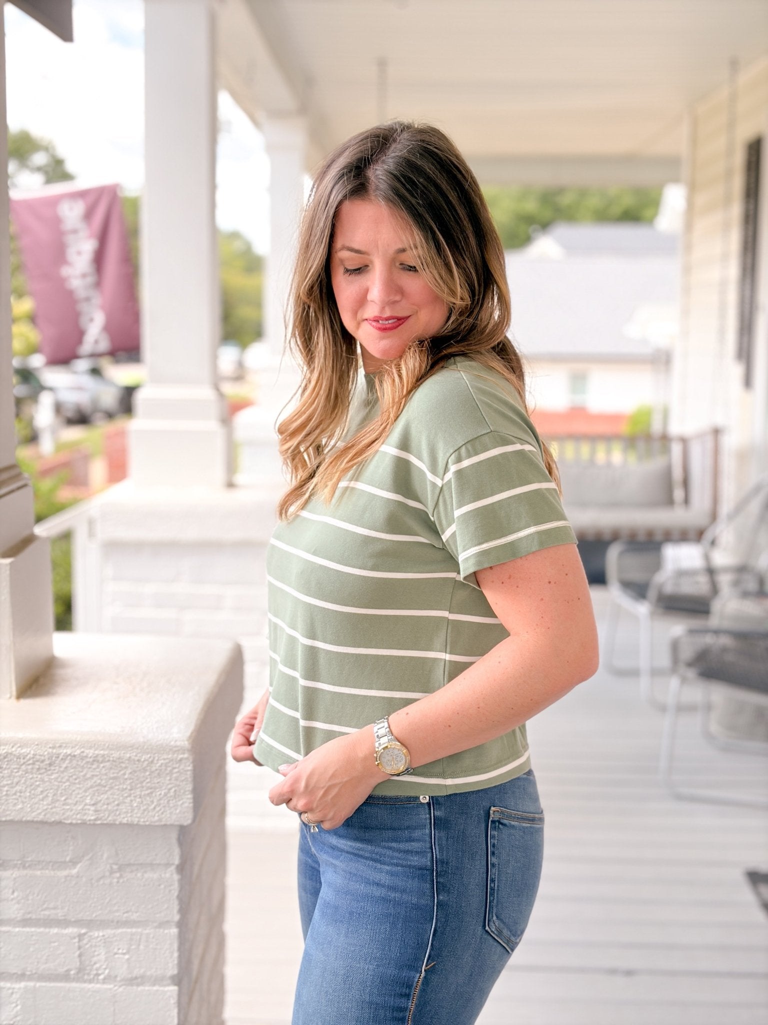 Rose & Lee Co Miracle Tee, Sage/White Stripe by Marine Layer short sleeve
