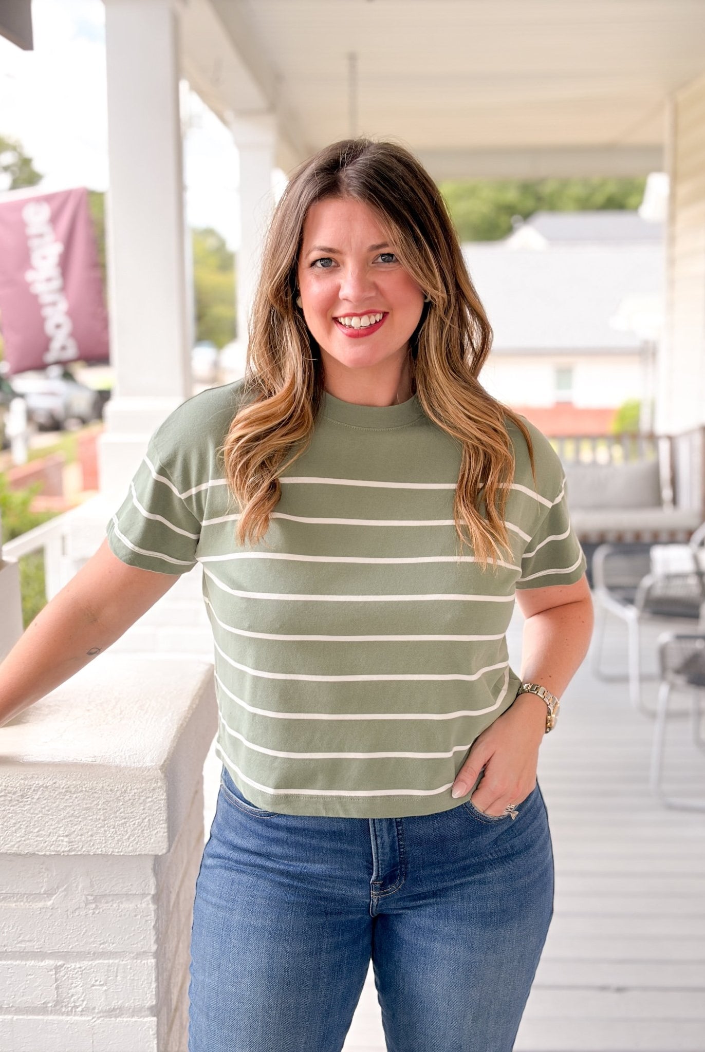 Rose & Lee Co Miracle Tee, Sage/White Stripe by Marine Layer short sleeve
