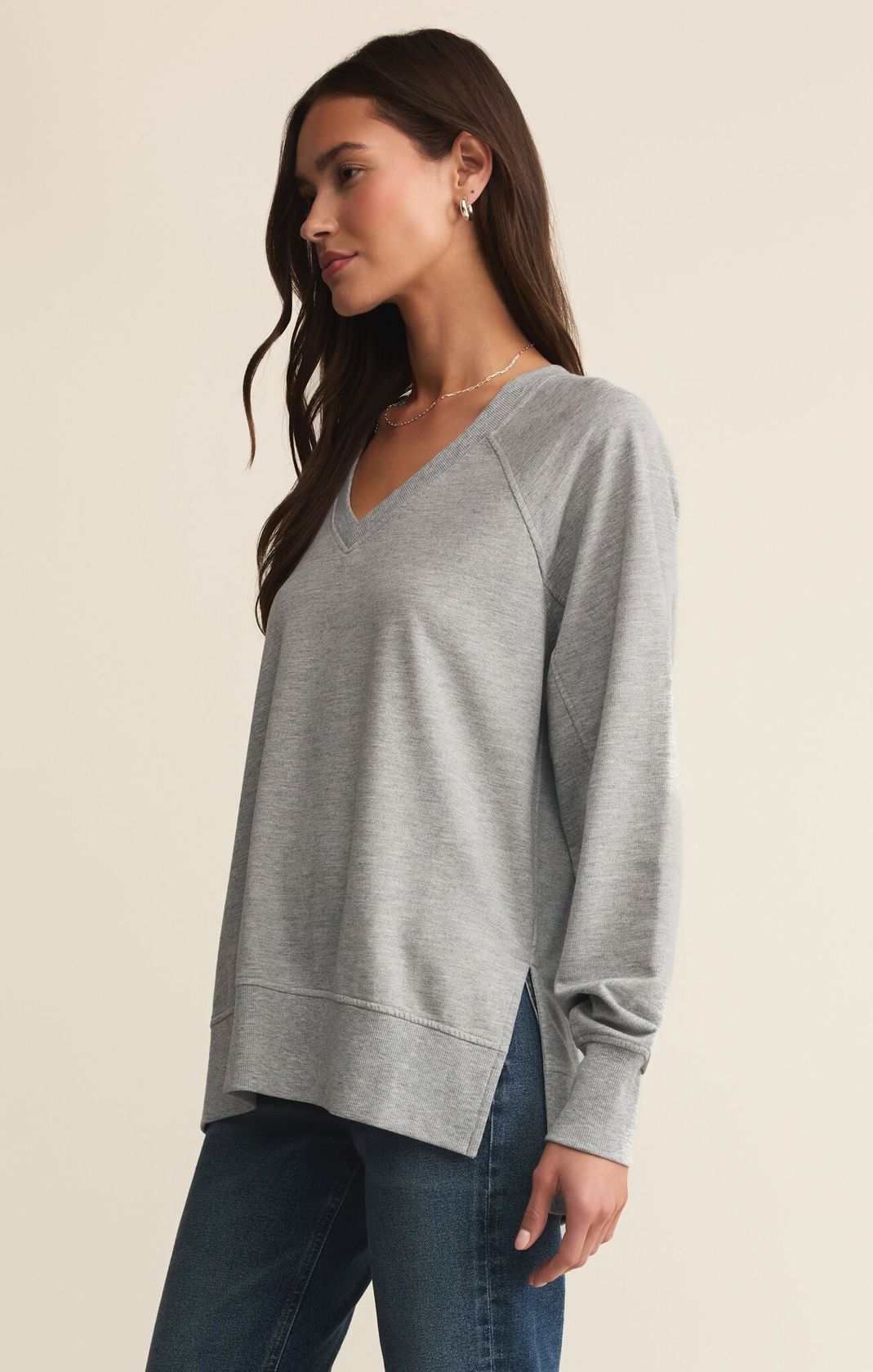 Long Sleeve Grey V-Neck Sweatshirt