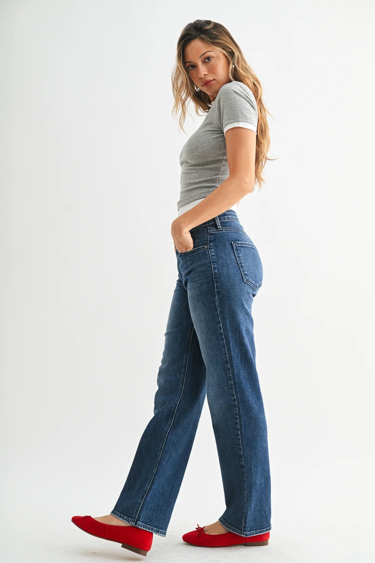 Dark Denim Mid-Rise Straight Leg Stretchy Jeans