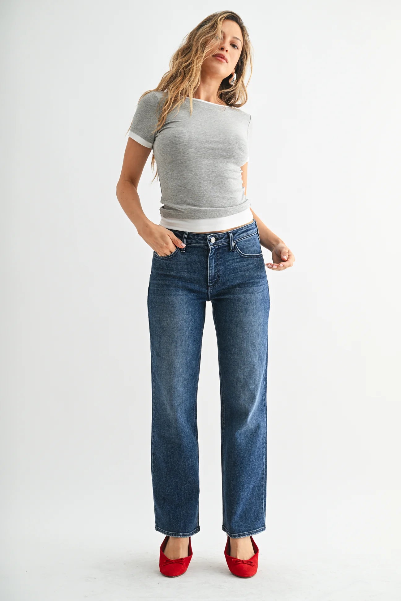 Dark Denim Mid-Rise Straight Leg Stretchy Jeans