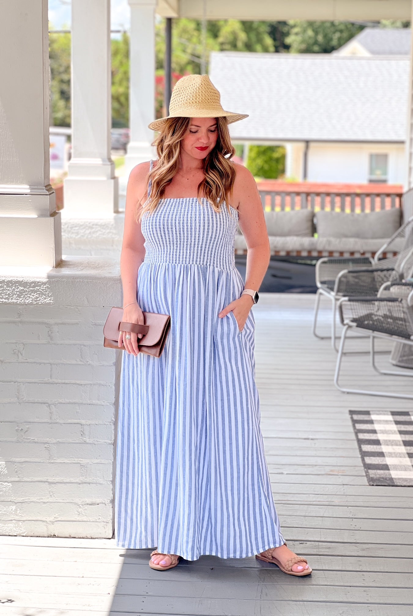 blue and white striped maxi dress