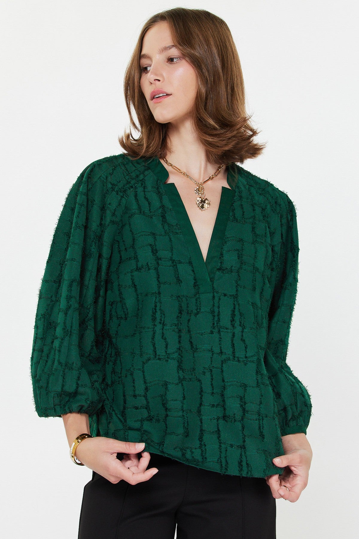 Emerald Green Windowpane Long Sleeve Top