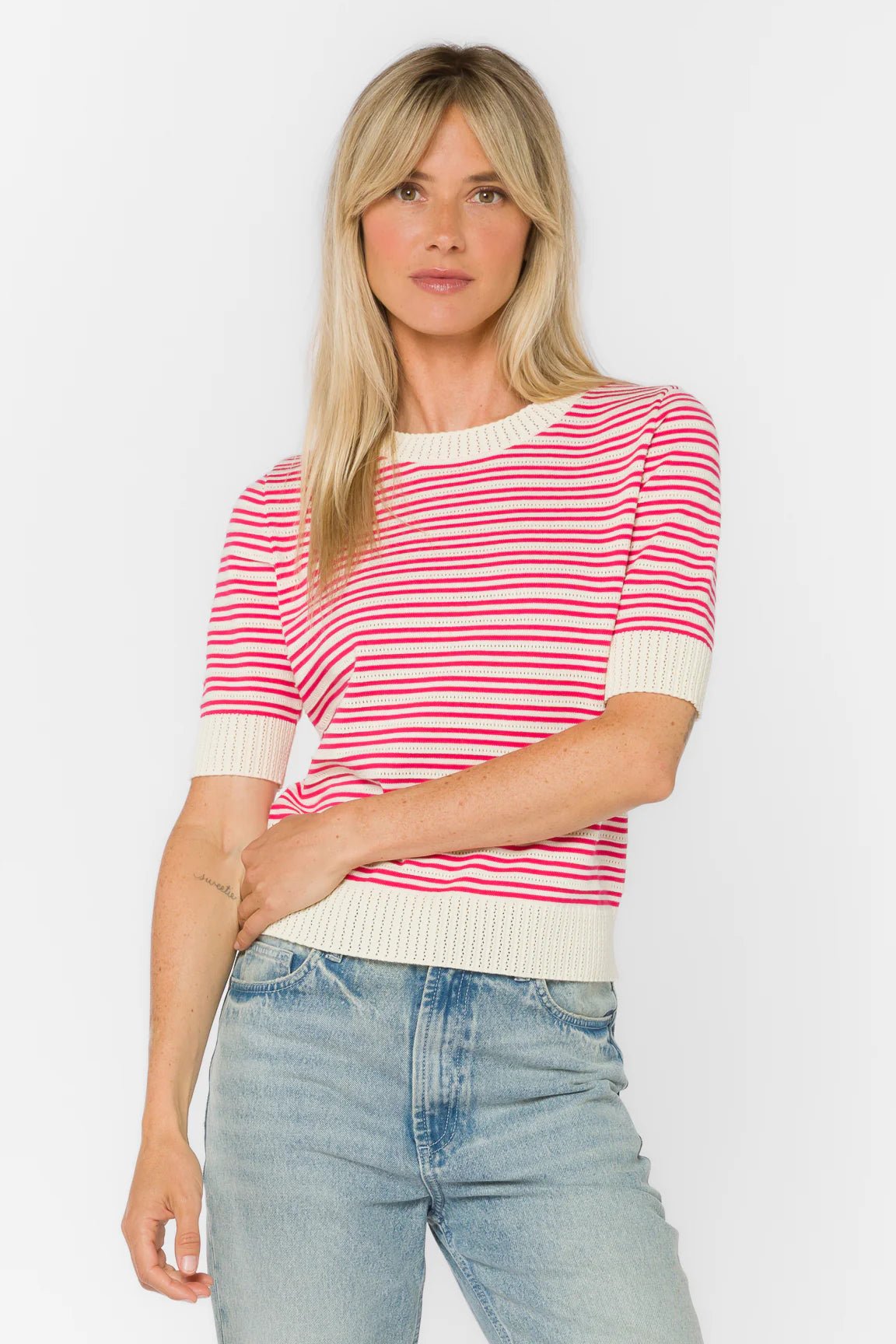 Rose & Lee Co Norine Top, Vanilla Ice/Pink Stripe short sleeve