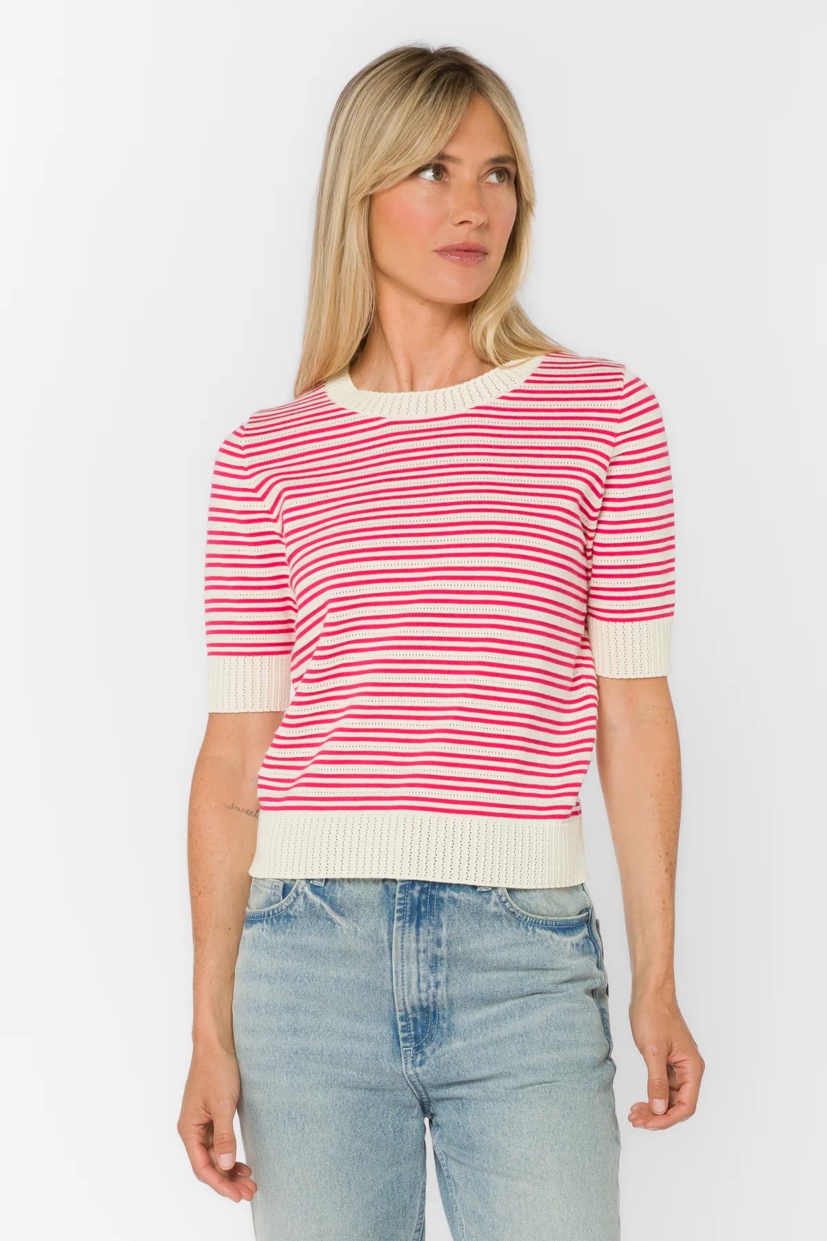 Rose & Lee Co Norine Top, Vanilla Ice/Pink Stripe short sleeve