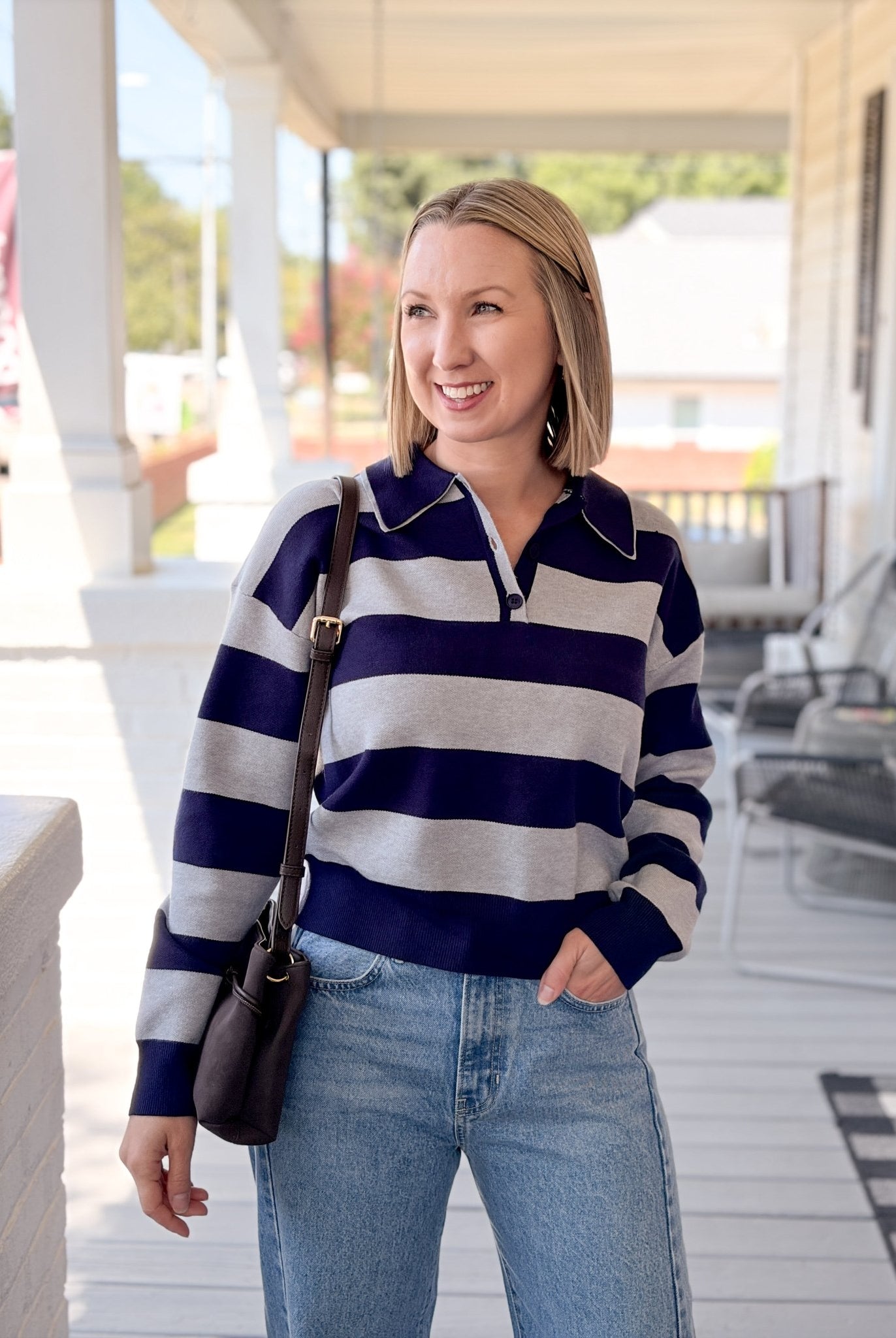 Rose & Lee Co Normandy Top, Navy/Heather Grey Stripe Long Sleeve