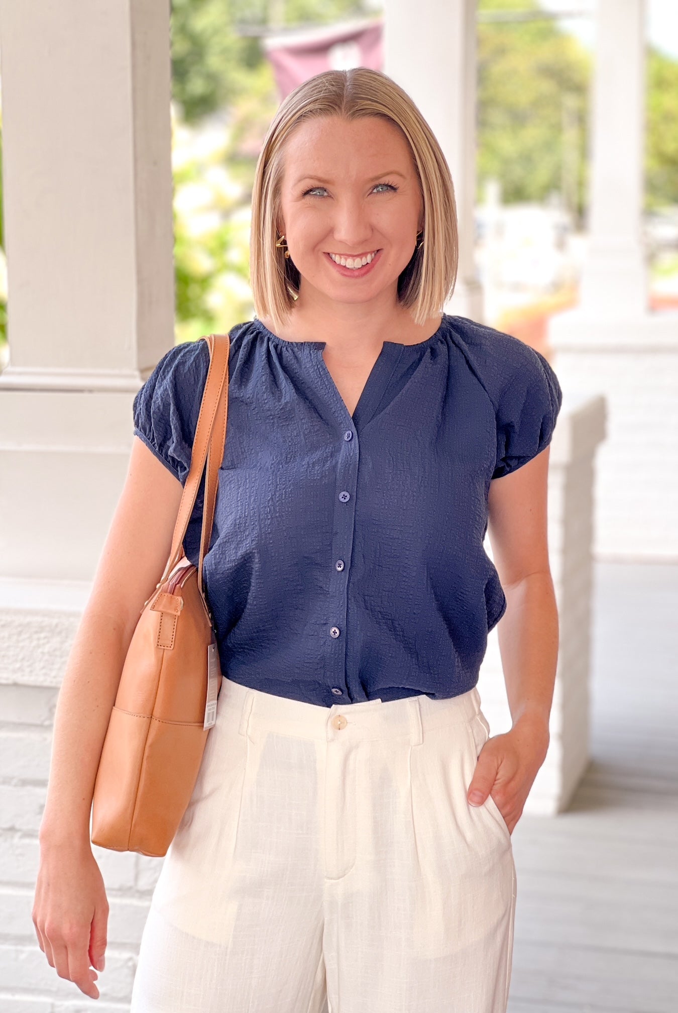 navy blue, button up, short sleeve work wear top
