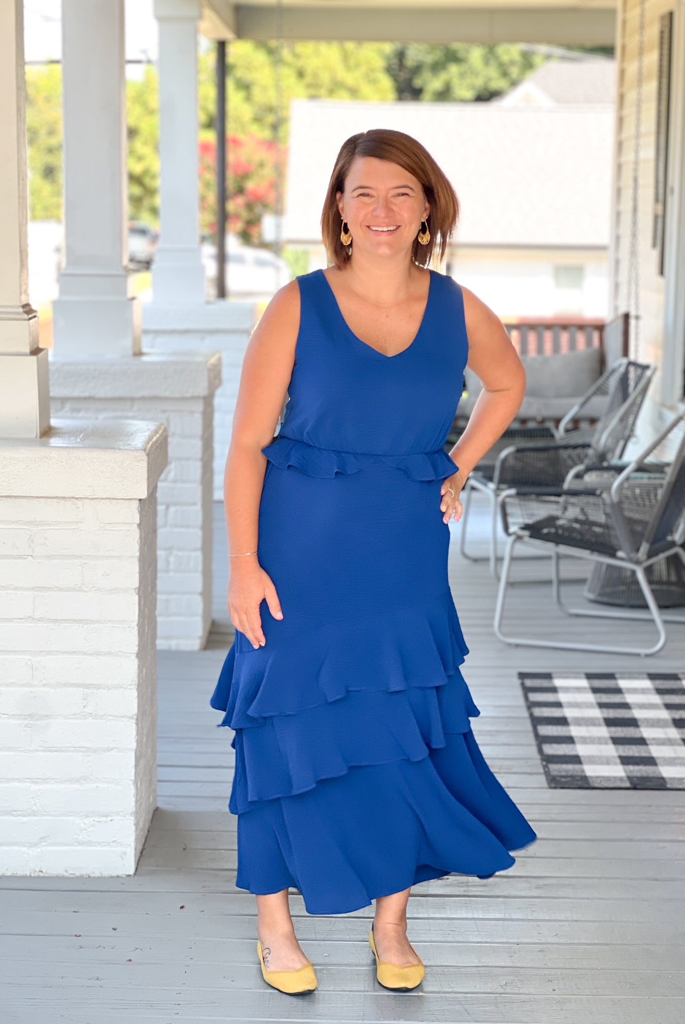 sleeveless ruffled waist event dress blue tiered bottom maxi length