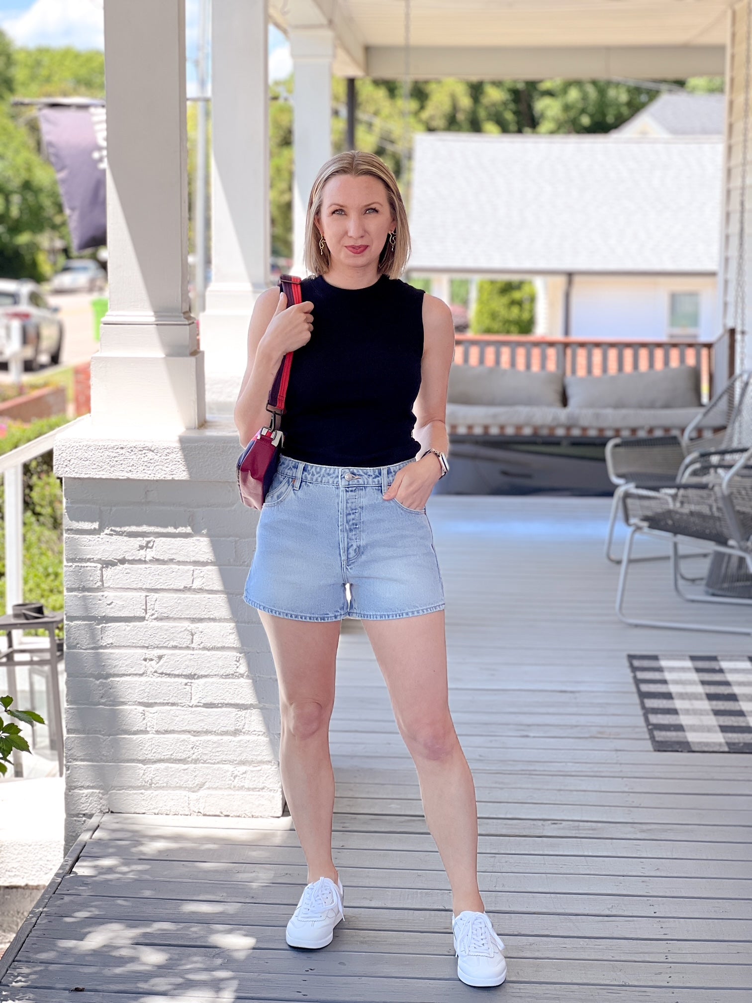 high rise, light wash denim shorts