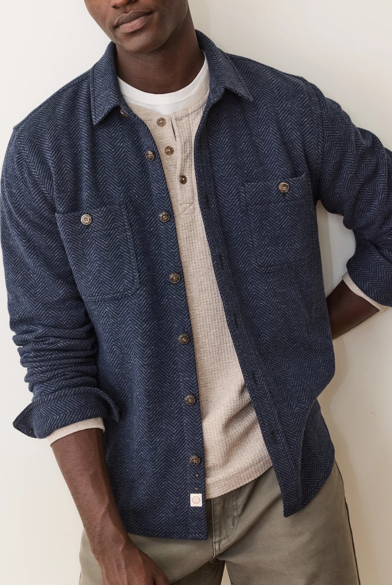 Navy Herringbone Long Sleeve Button Front Top