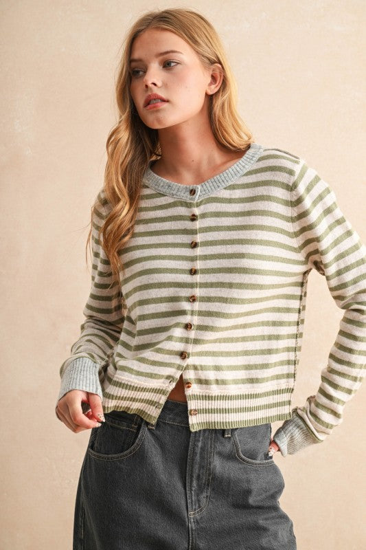 Green Striped Button Front Cardigan