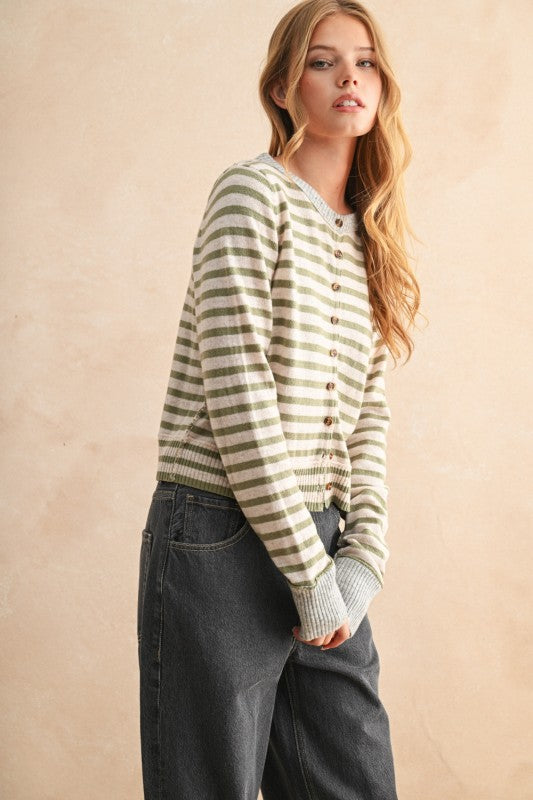 Green Striped Button Front Cardigan