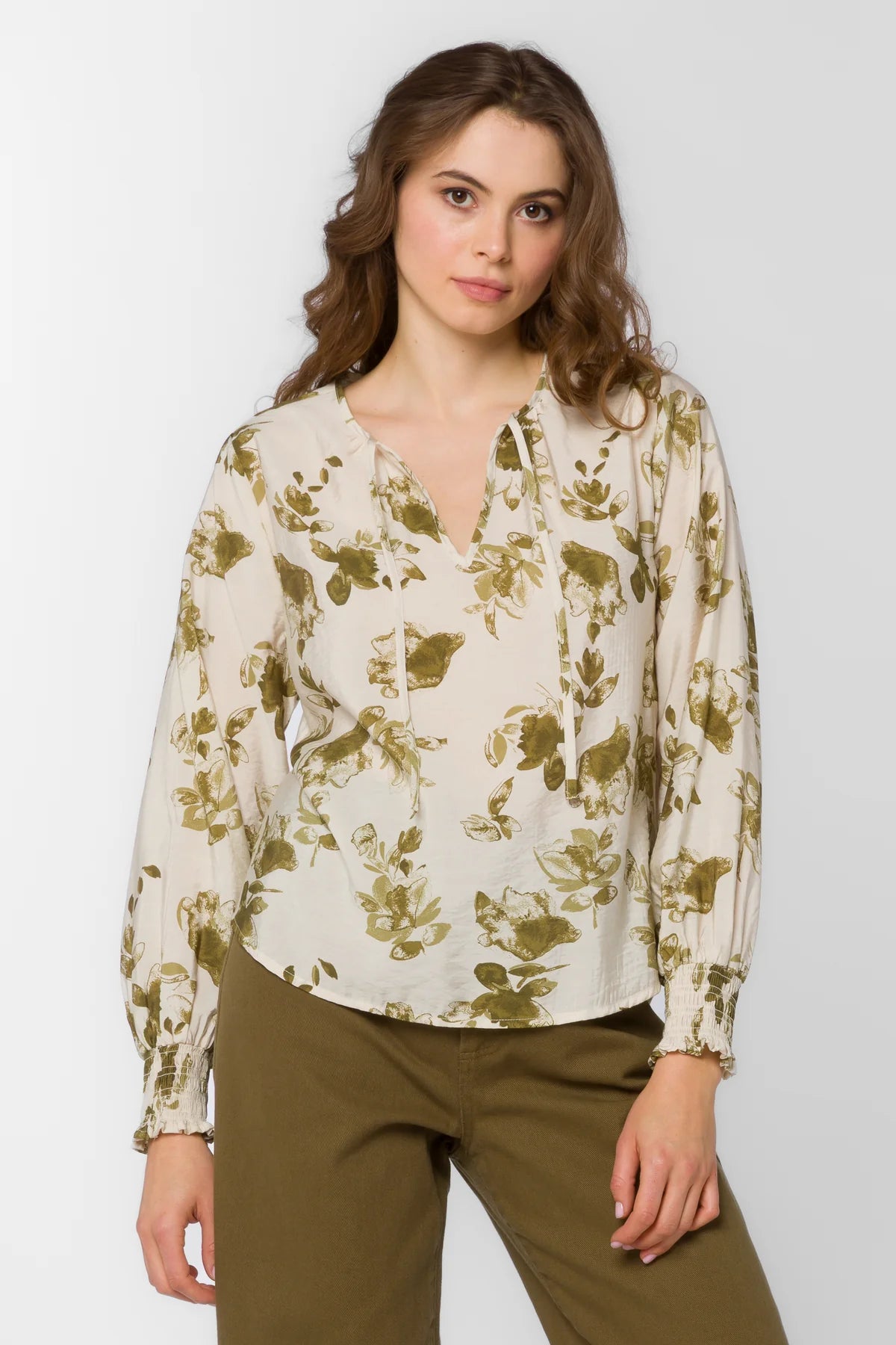Long Sleeve Green Floral Work Top