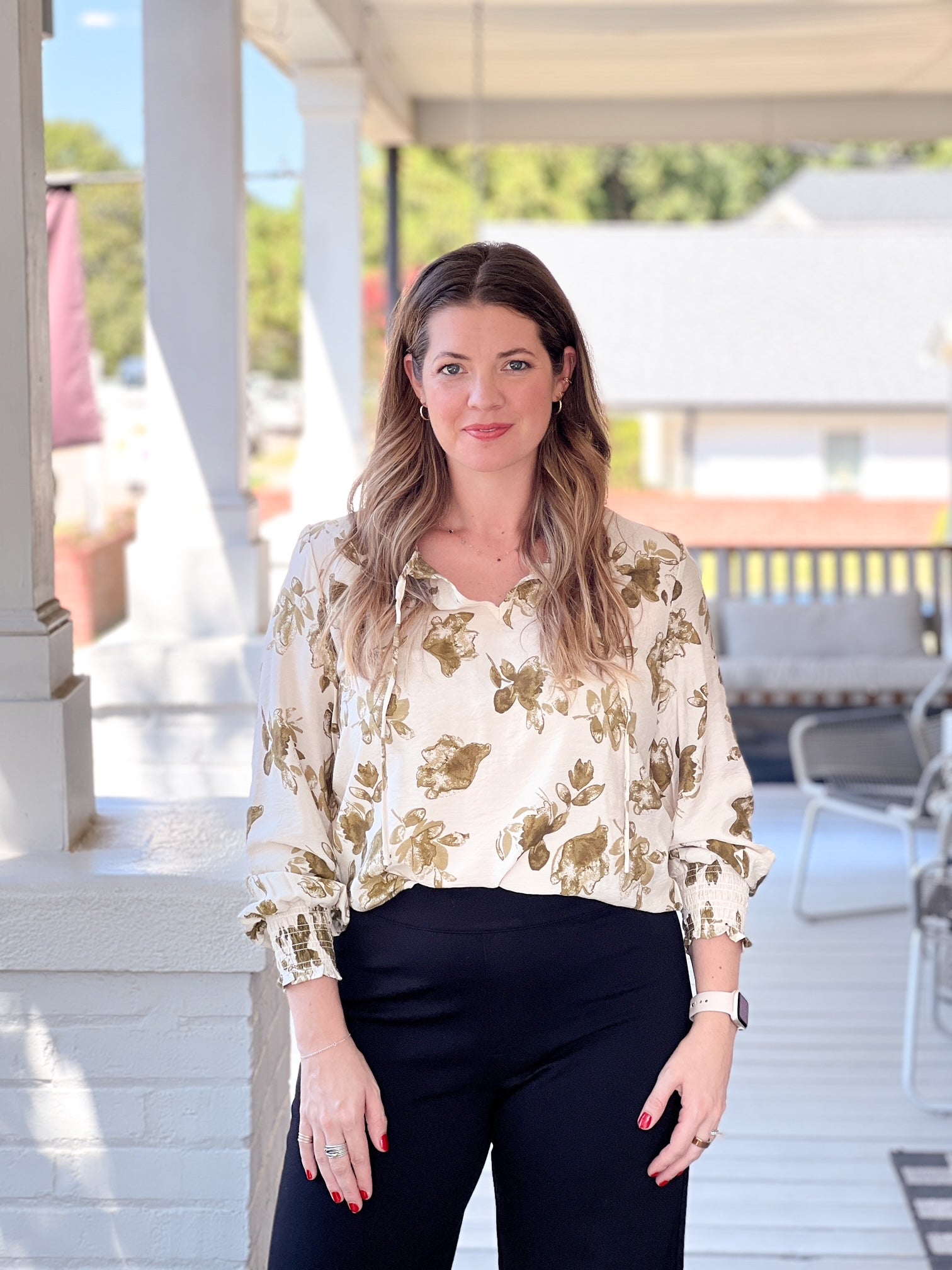 long sleeve work top with green floral print