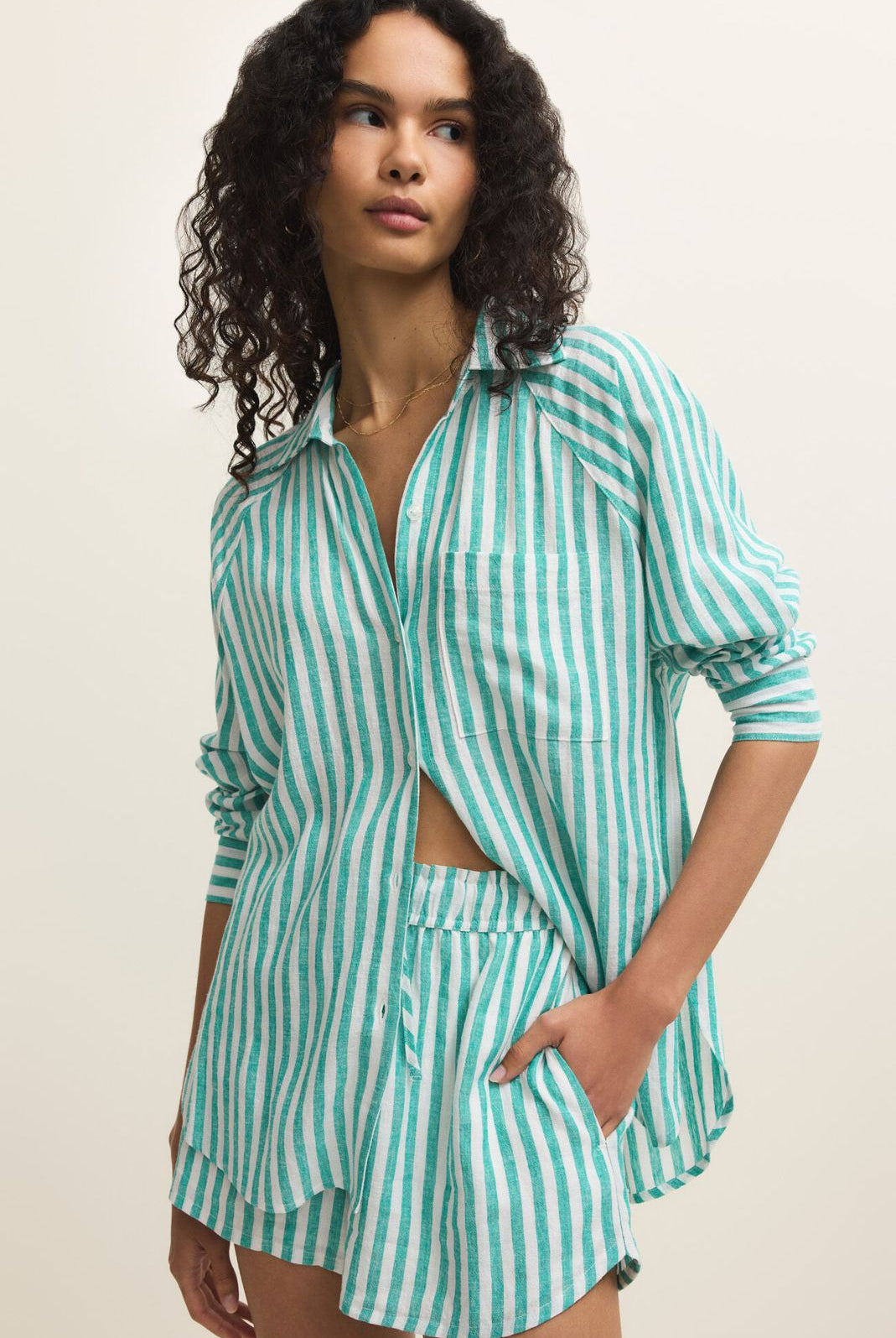 Green Striped Long Sleeve Button Up