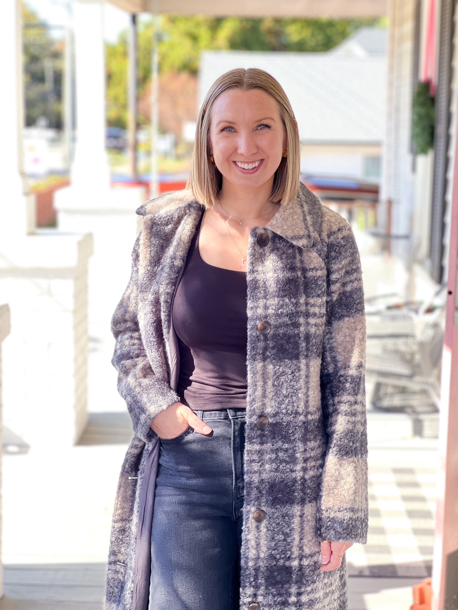 Black/Oat Plaid Long Jacket