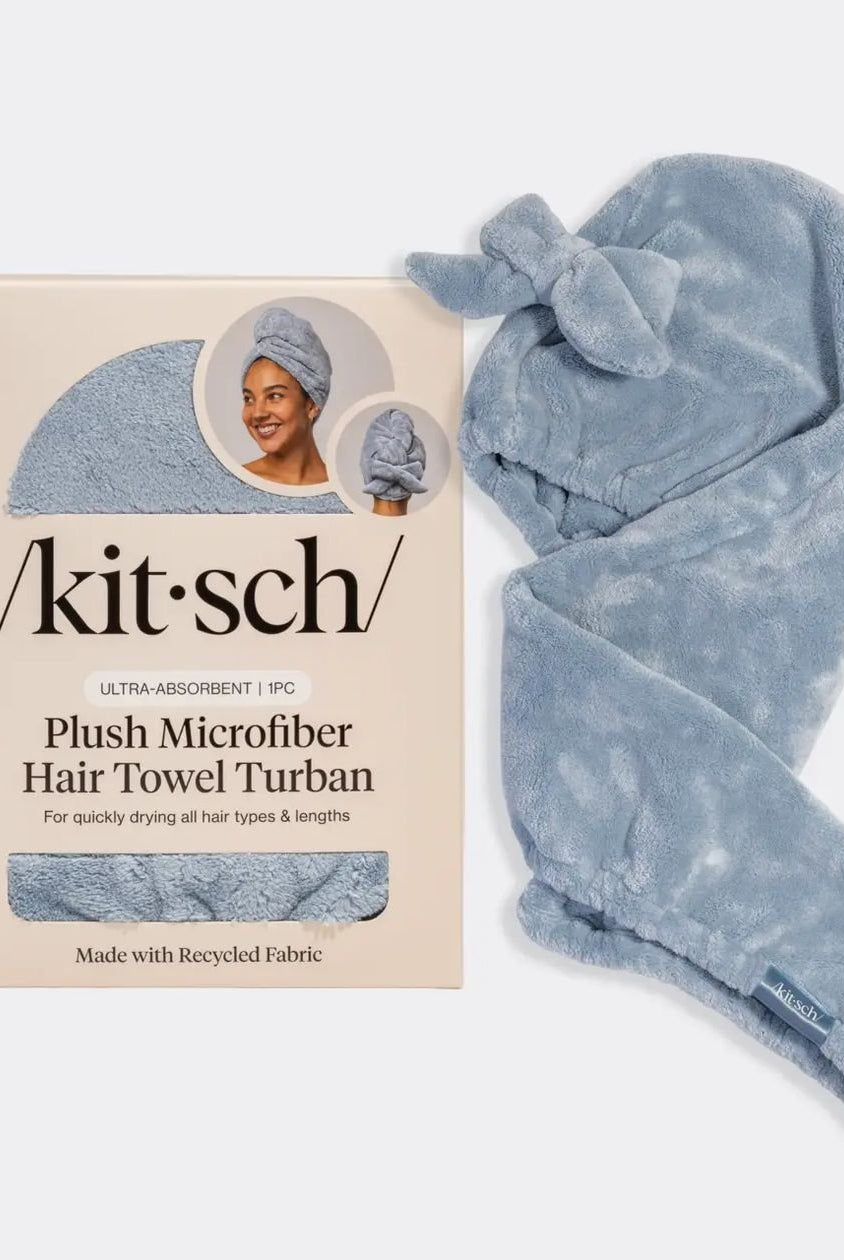 Rose & Lee Co Plush Microfiber Hair Towel Turban With Bow, Coastal Blue Hair
