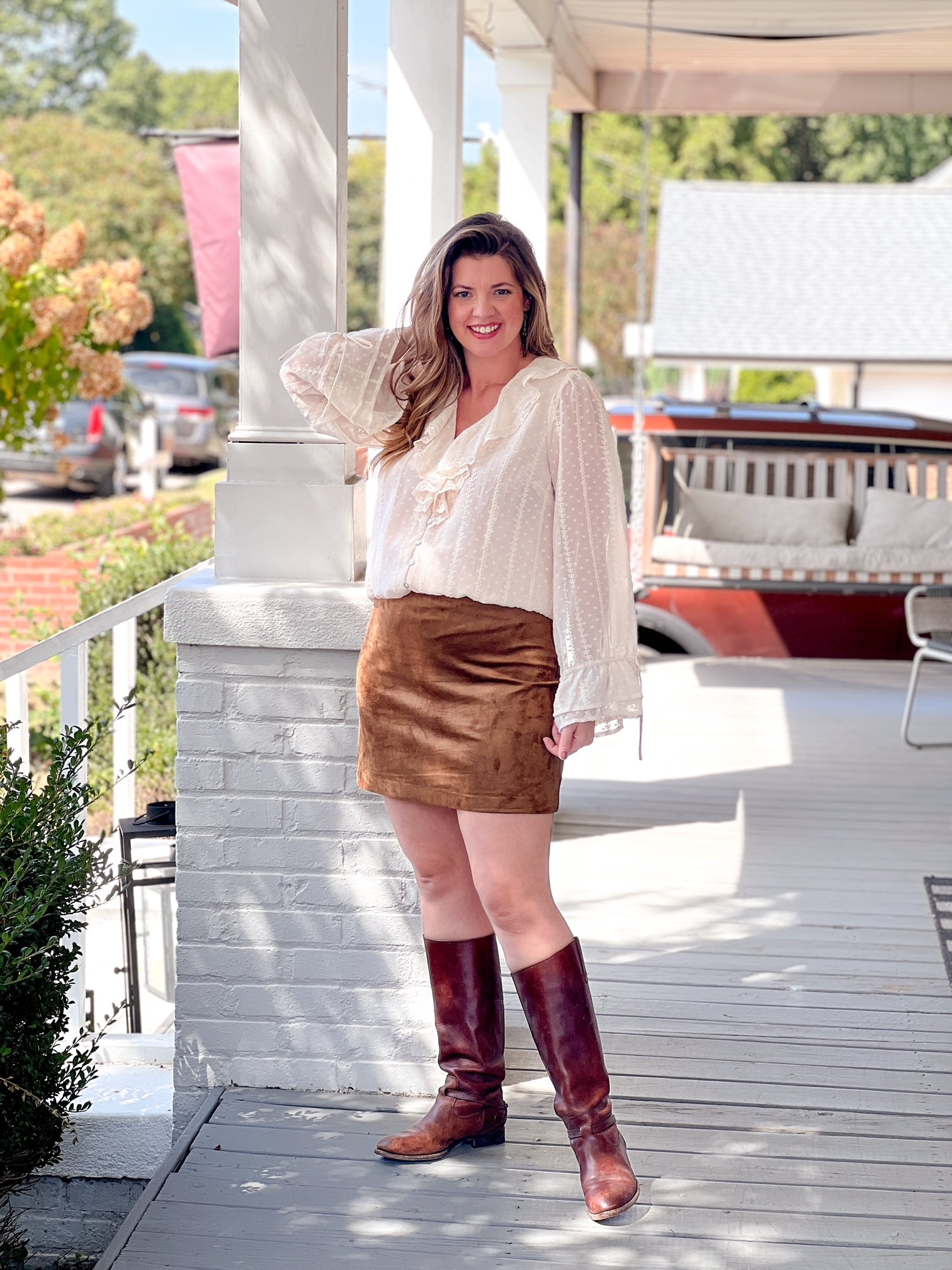 white long sleeve blouse with v neckline
