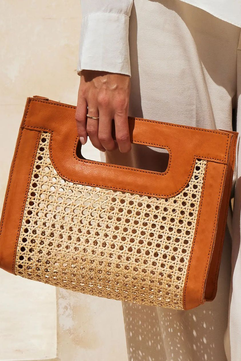 Rose & Lee Co Rattan Cane Weave Handbag, Brown Leather Bags