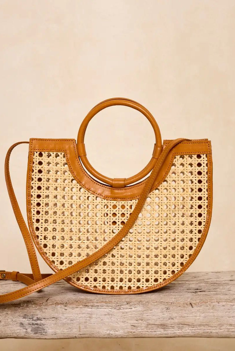 Rose & Lee Co Rattan Square Cane Weave Handbag, Brown Leather Bags