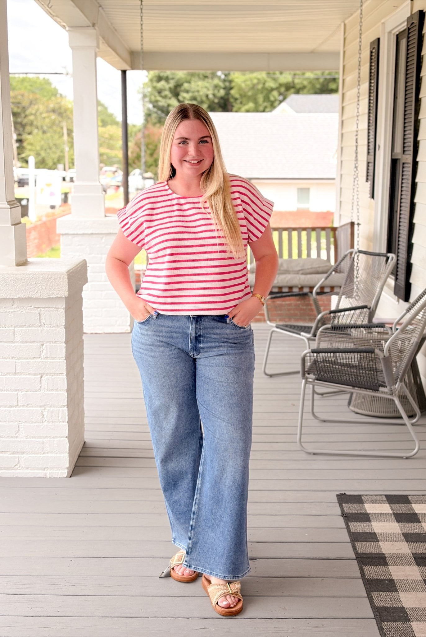 Rose & Lee Co Taylor Top, Fuchsia/White Stripe short sleeve