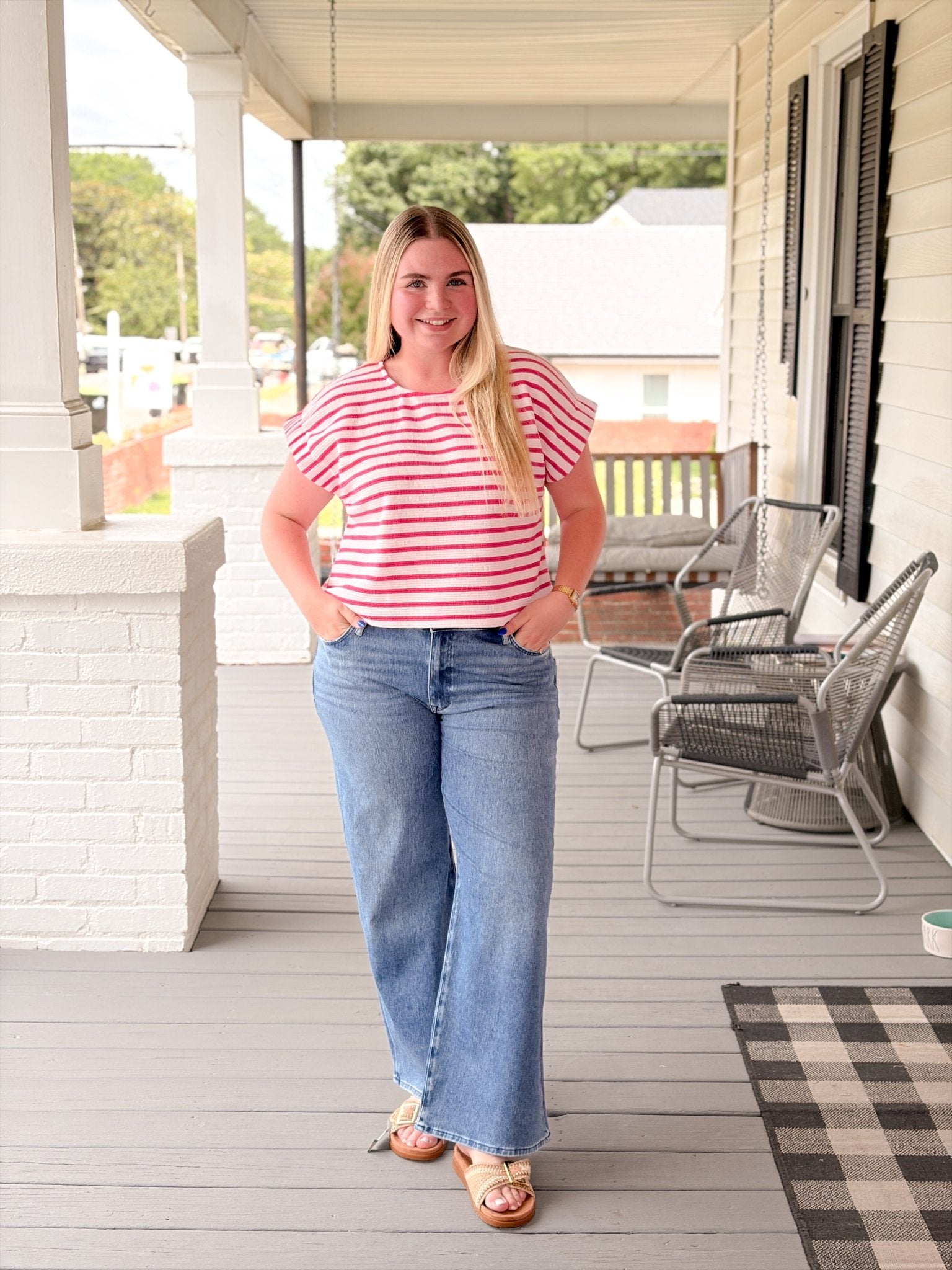 Rose & Lee Co Taylor Top, Fuchsia/White Stripe short sleeve