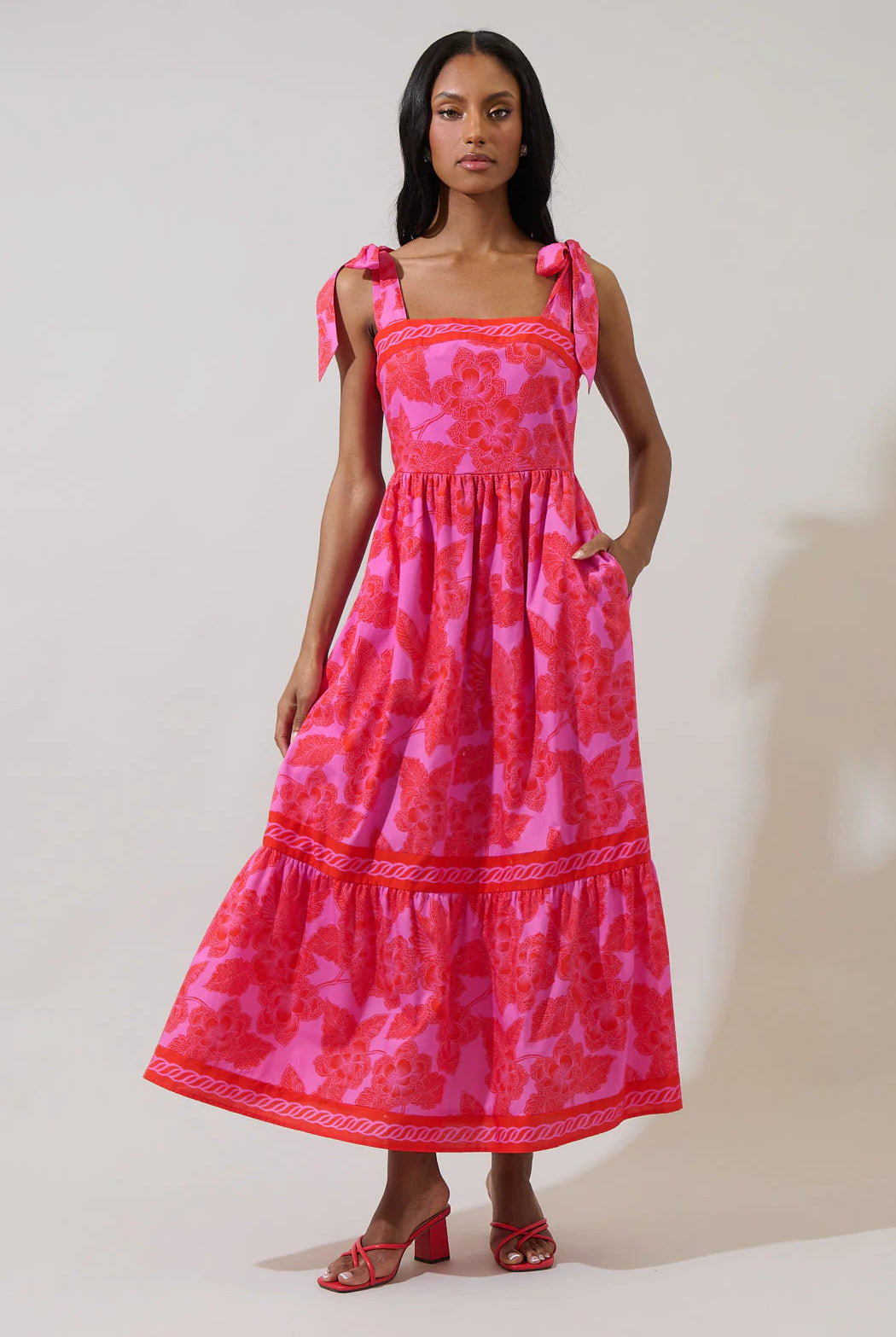 Red/Pink Floral Tiered Maxi Dress