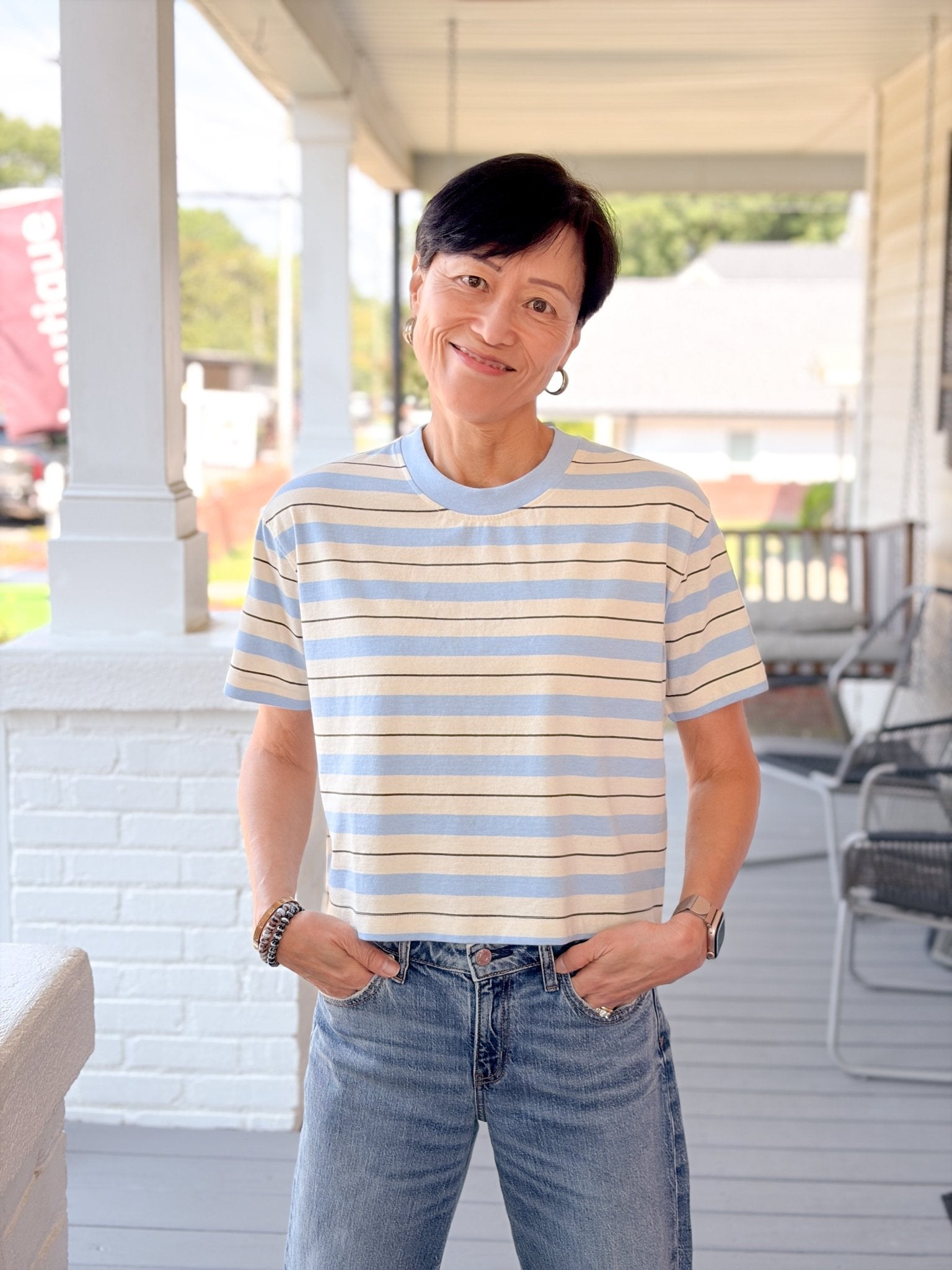 Rose & Lee Co Mae Tee, Chambray Stripe short sleeve