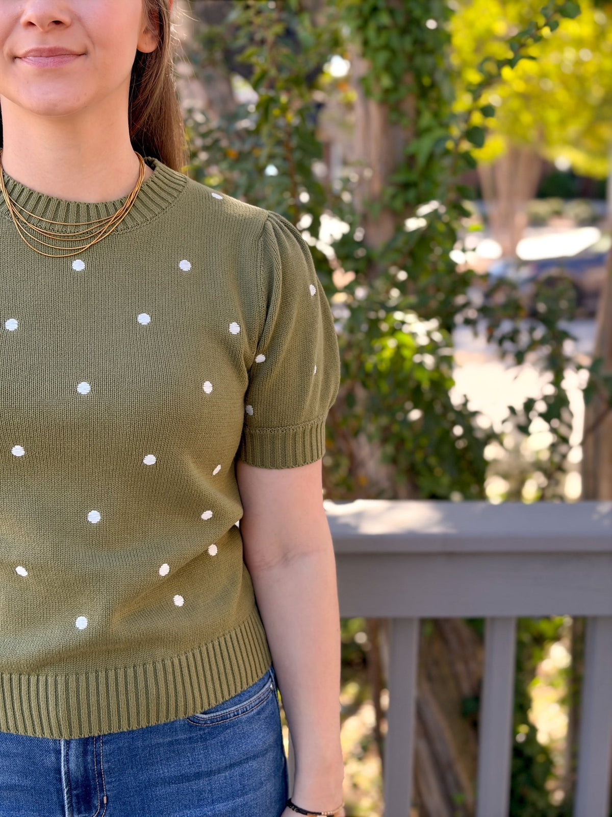 Rose & Lee Co Rochelle Top, Olive/Ivory Dot short sleeve