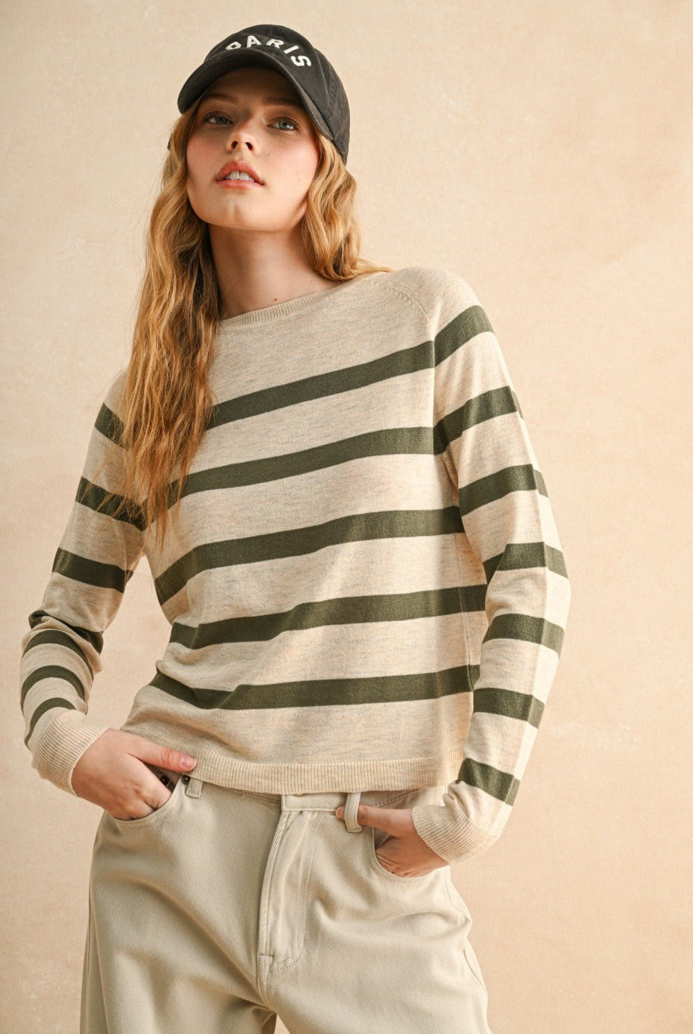 Rose & Lee Co Rory Sweater, Oatmeal/Olive Stripe Sweaters