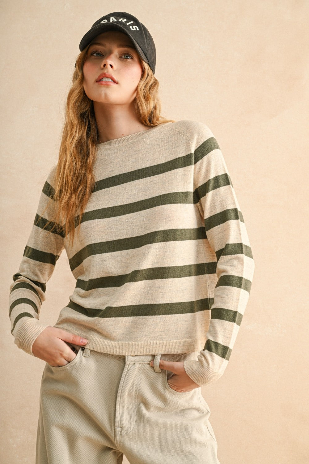Oatmeal/Olive Striped Long Sleeve Lightweight Sweater