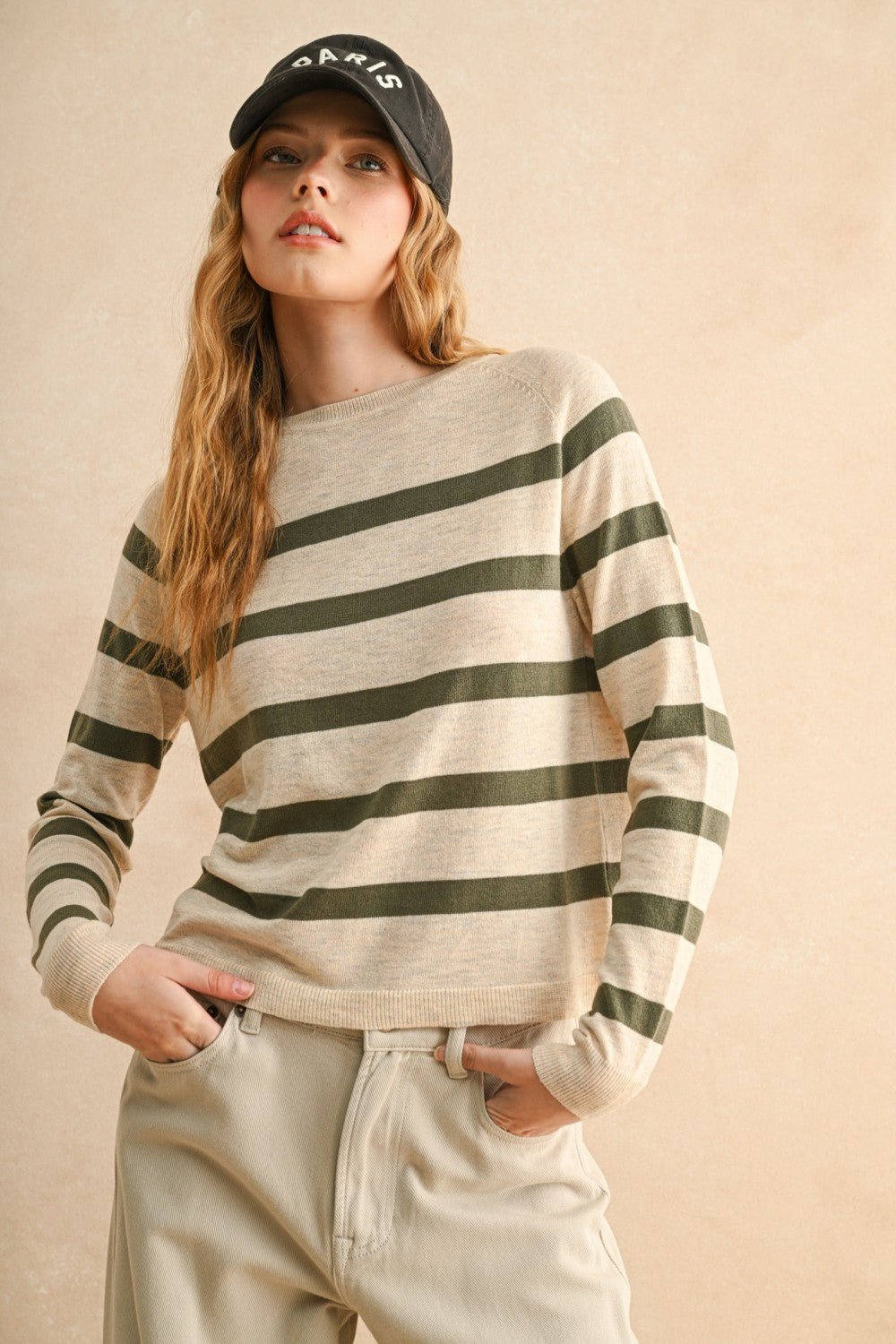 Rose & Lee Co Rory Sweater, Oatmeal/Olive Stripe Sweaters