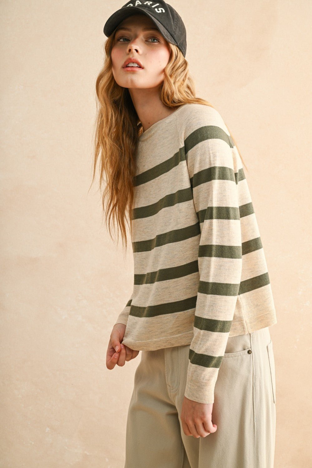 Rose & Lee Co Rory Sweater, Oatmeal/Olive Stripe Sweaters