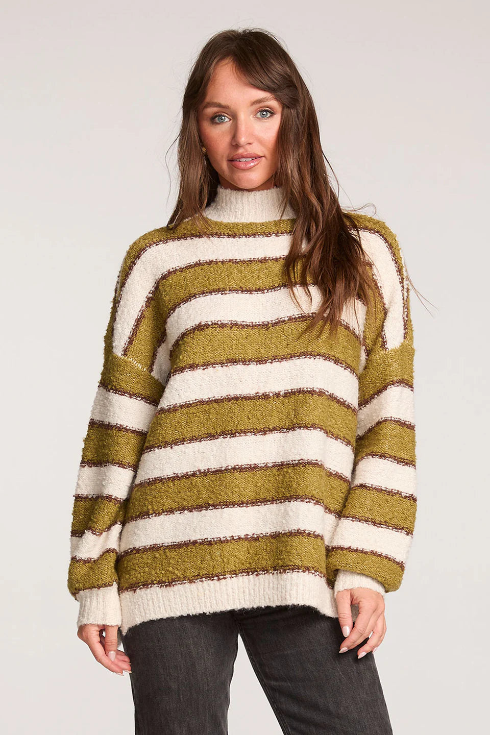 Green/White/Brown Striped Mock Neck Sweater