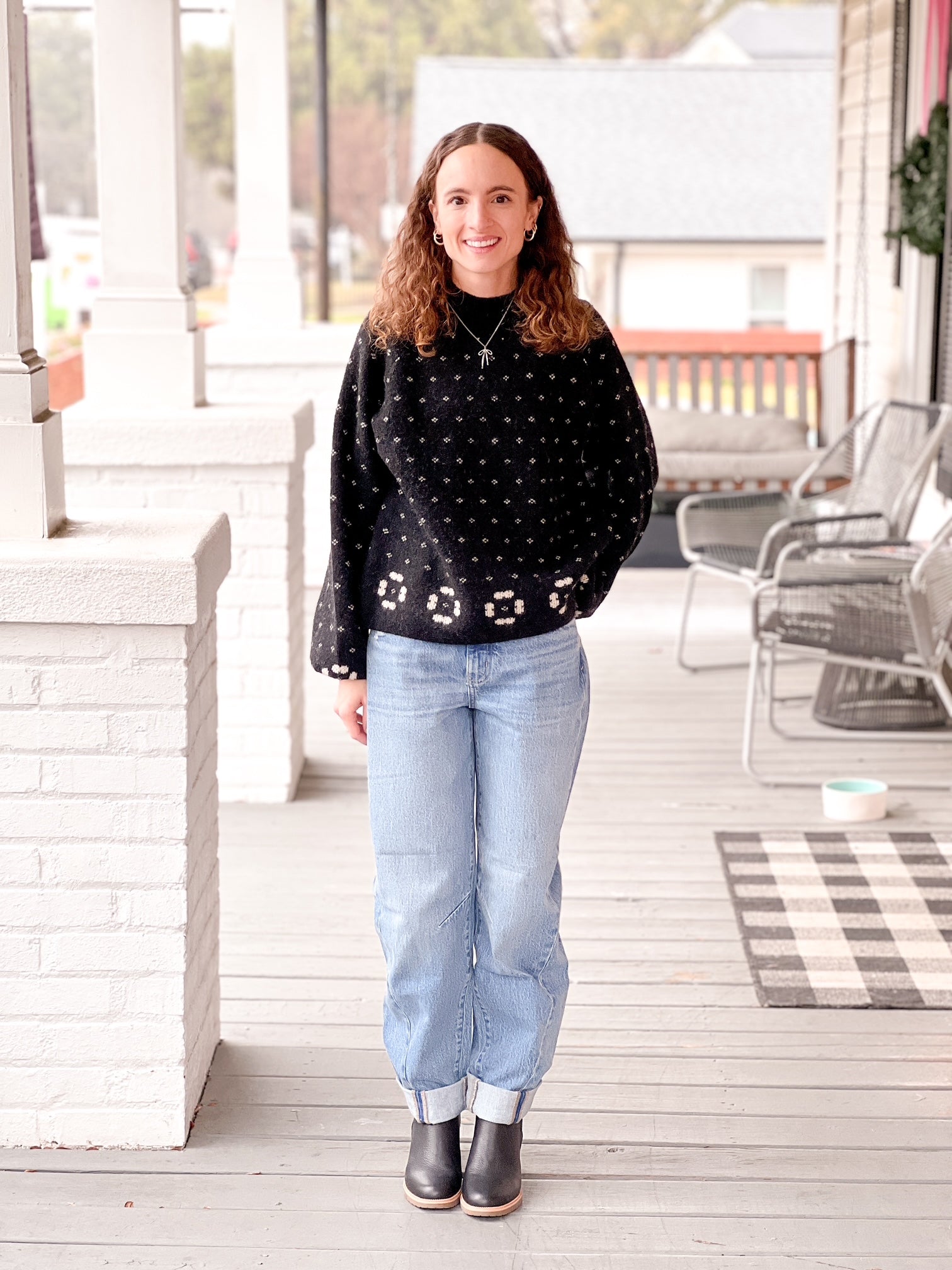 Soft Black & White Long Sleeve Sweater with Mock Neckline
