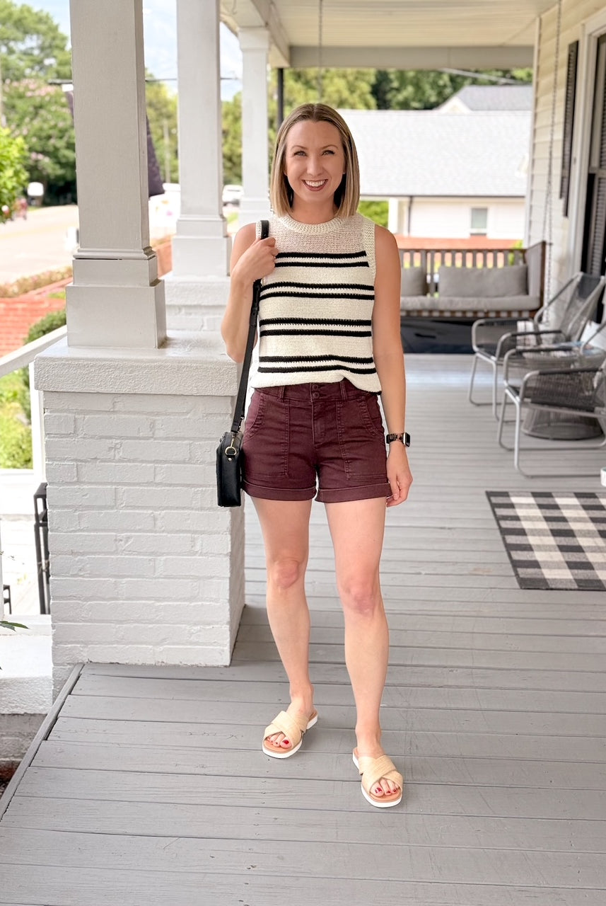ivory crew neck tank with black stripes